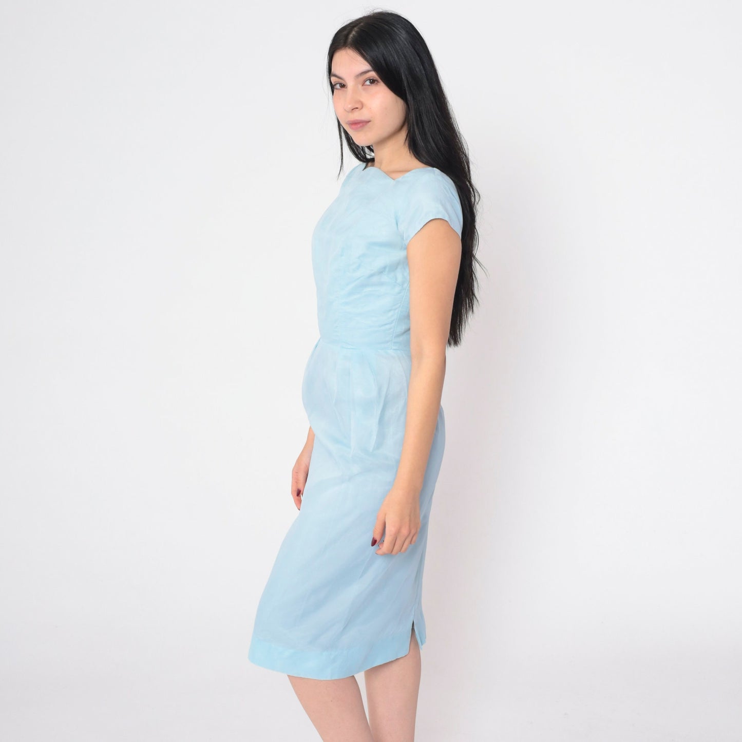 60s Baby Blue Scalloped Neckline Sheath Dress Cap Sleeve Knee Length Extra Small