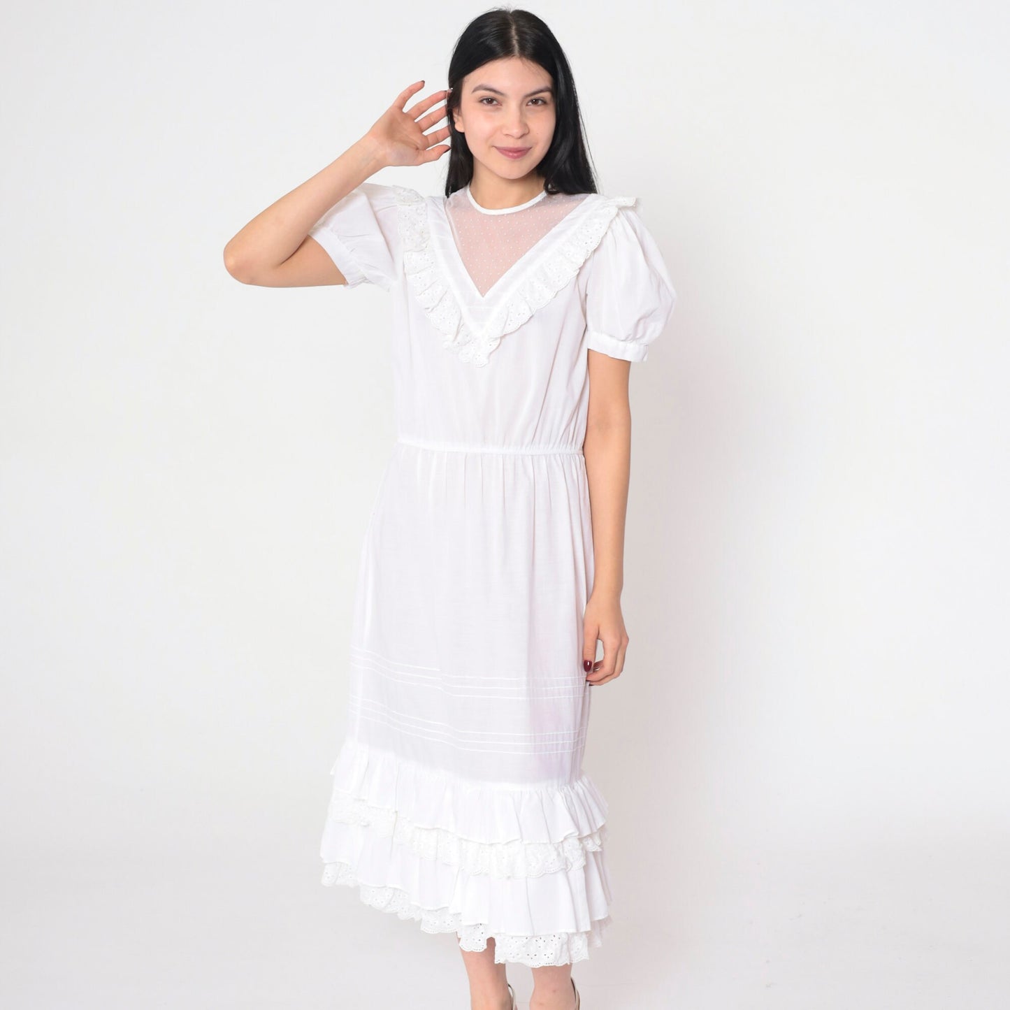70s Jody White Eyelet Midi Dress Puff Sleeve Lace Yoke Small