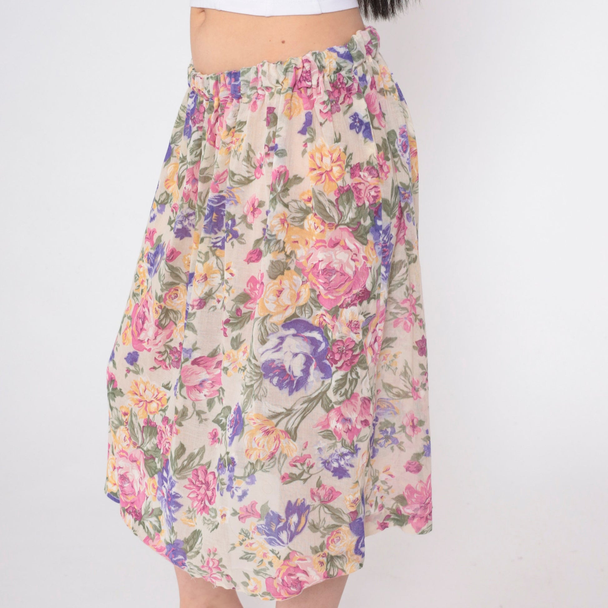 80s Floral Midi Skirt Elastic Waist Rose Print Pink Purple Tan Medium Large