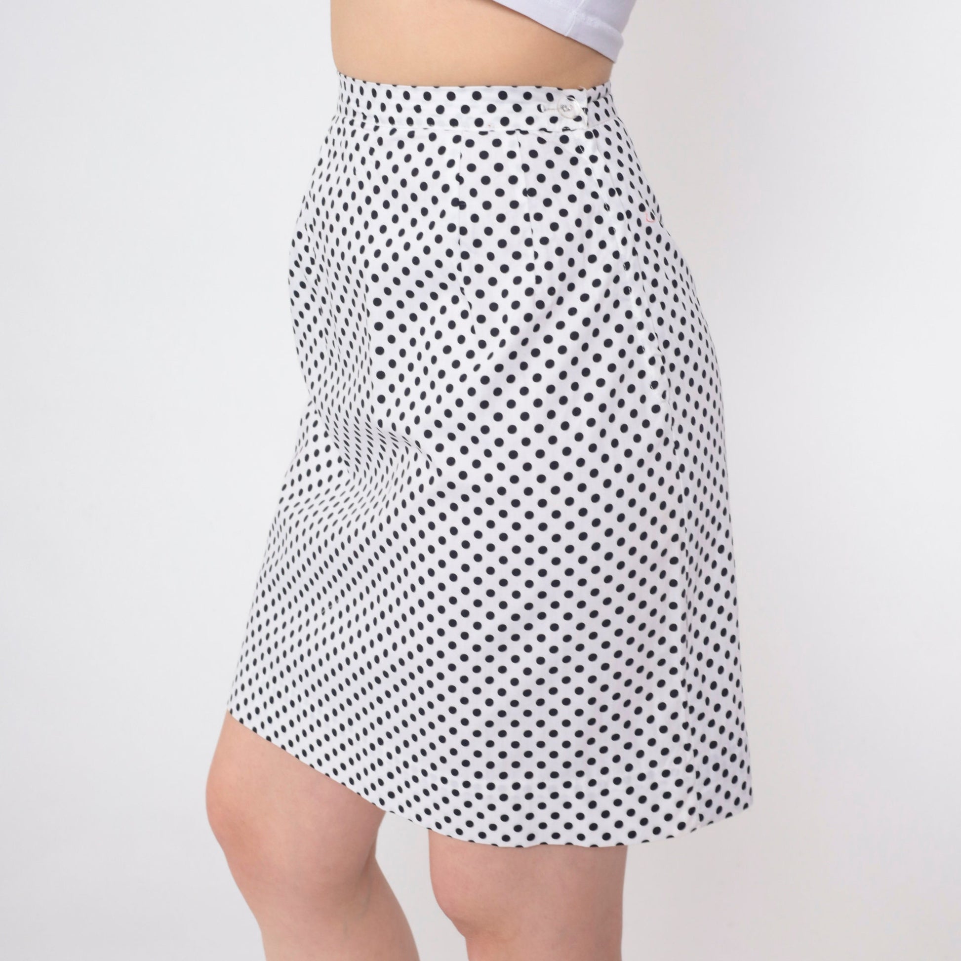 70s Polka Dot Mini Skirt High Waist Pencil Cut White Black Small