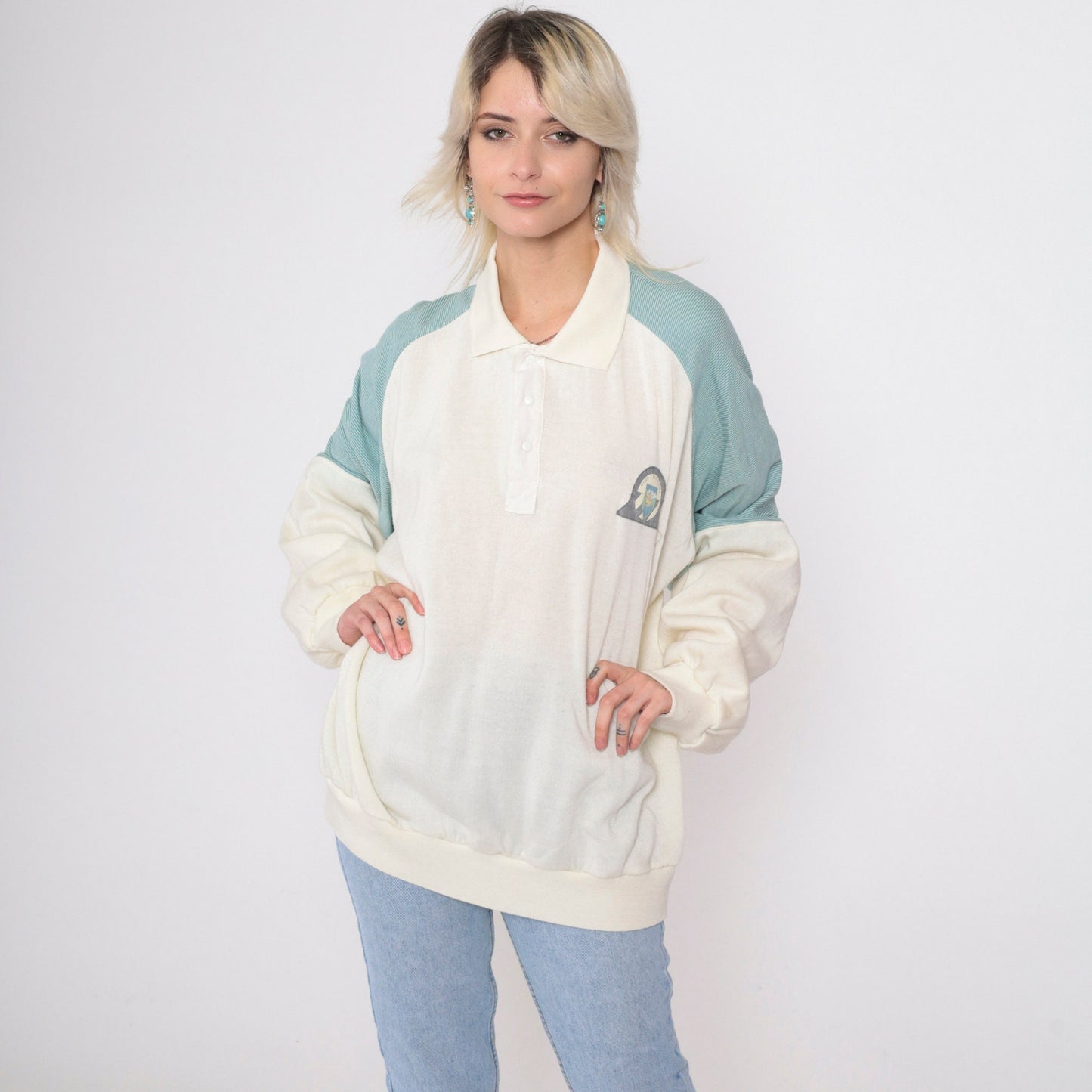 80s High Altitude Castle Mountain Raglan Sweatshirt Cream Striped Sleeve XXL