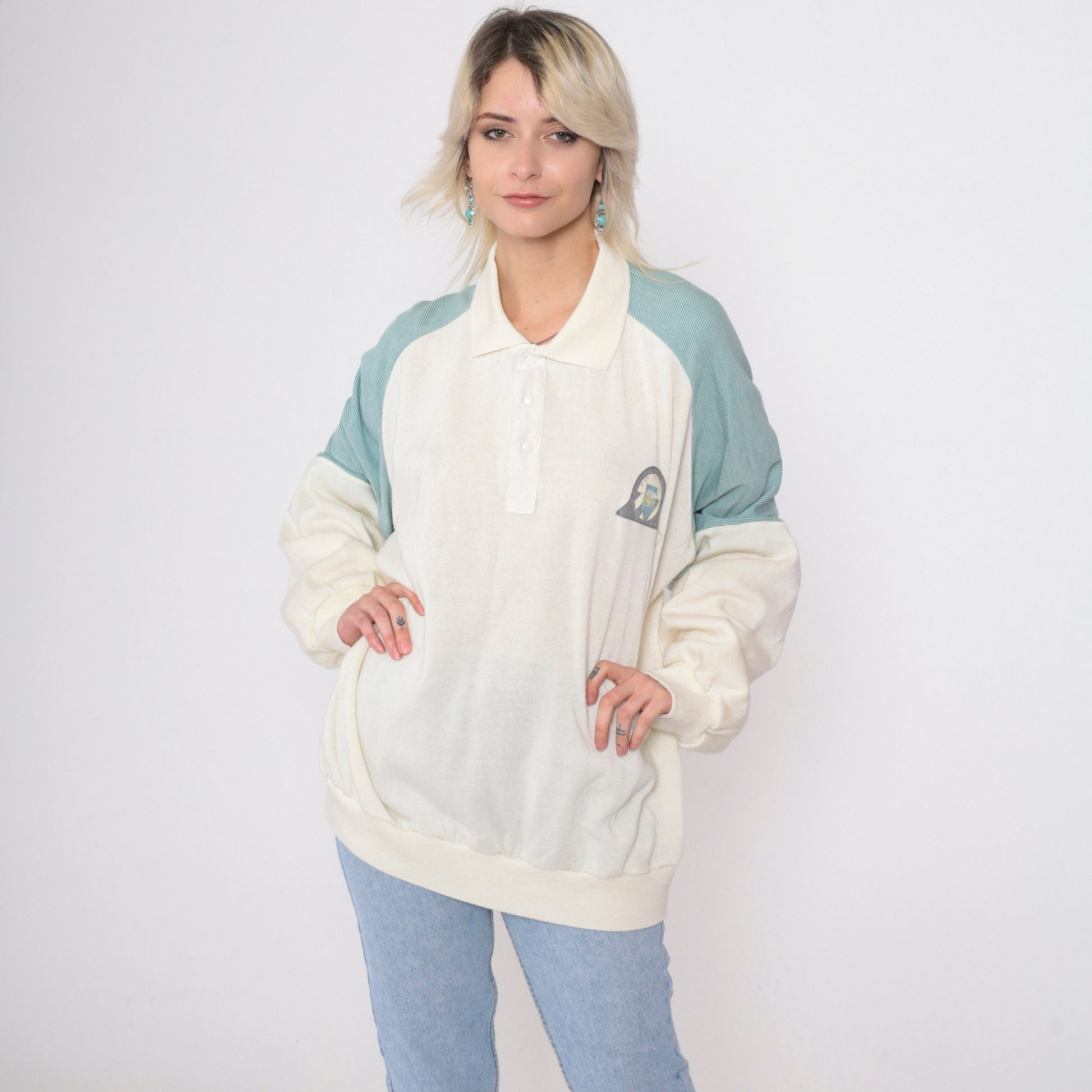80s High Altitude Castle Mountain Raglan Sweatshirt Cream Striped Sleeve XXL