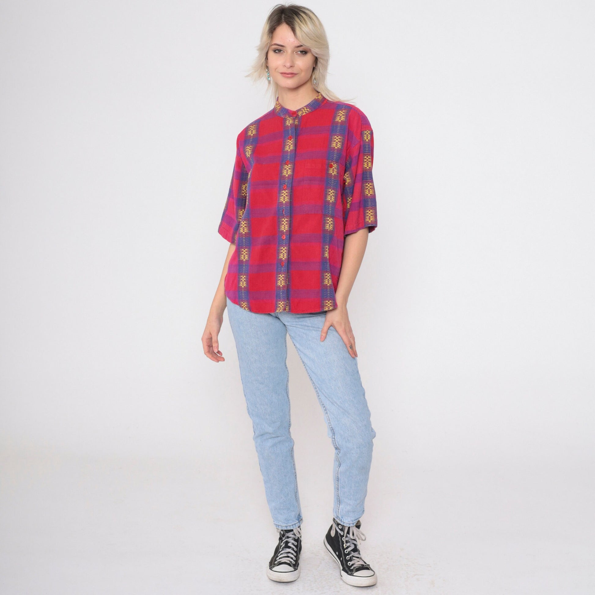 90s Backroad Blues Checkered Shirt Red Purple Geometric Embroidery Mandarin Collar Small