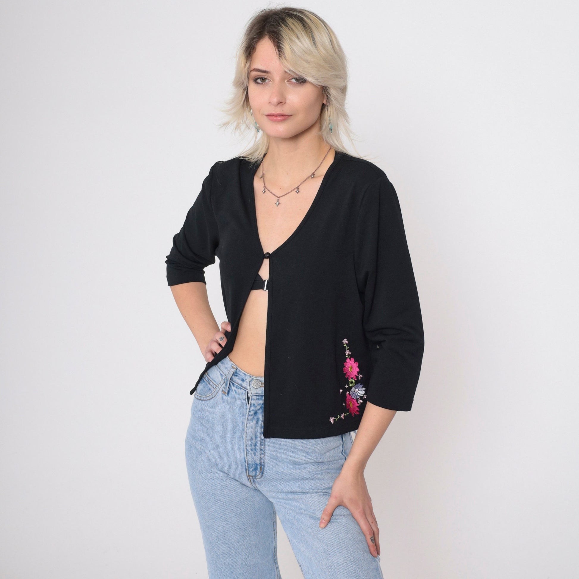 90s Sheri Martin Floral Embroidered Cardigan Black Pink Button Chest Small