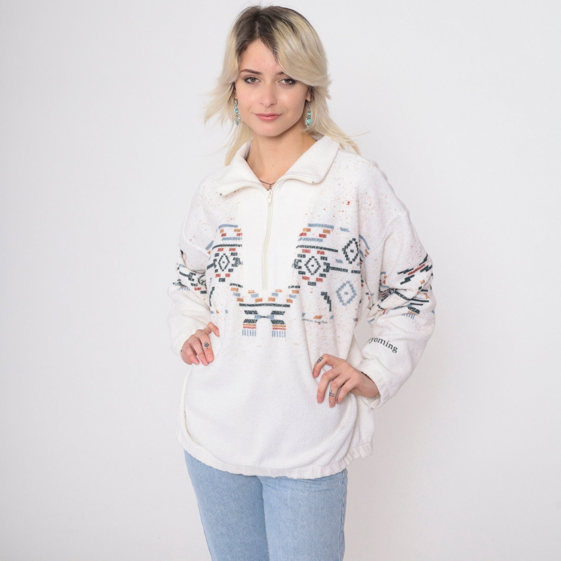 90s Art Unlimited Wyoming Southwestern Fleece Sweatshirt White Quarter Zip Large