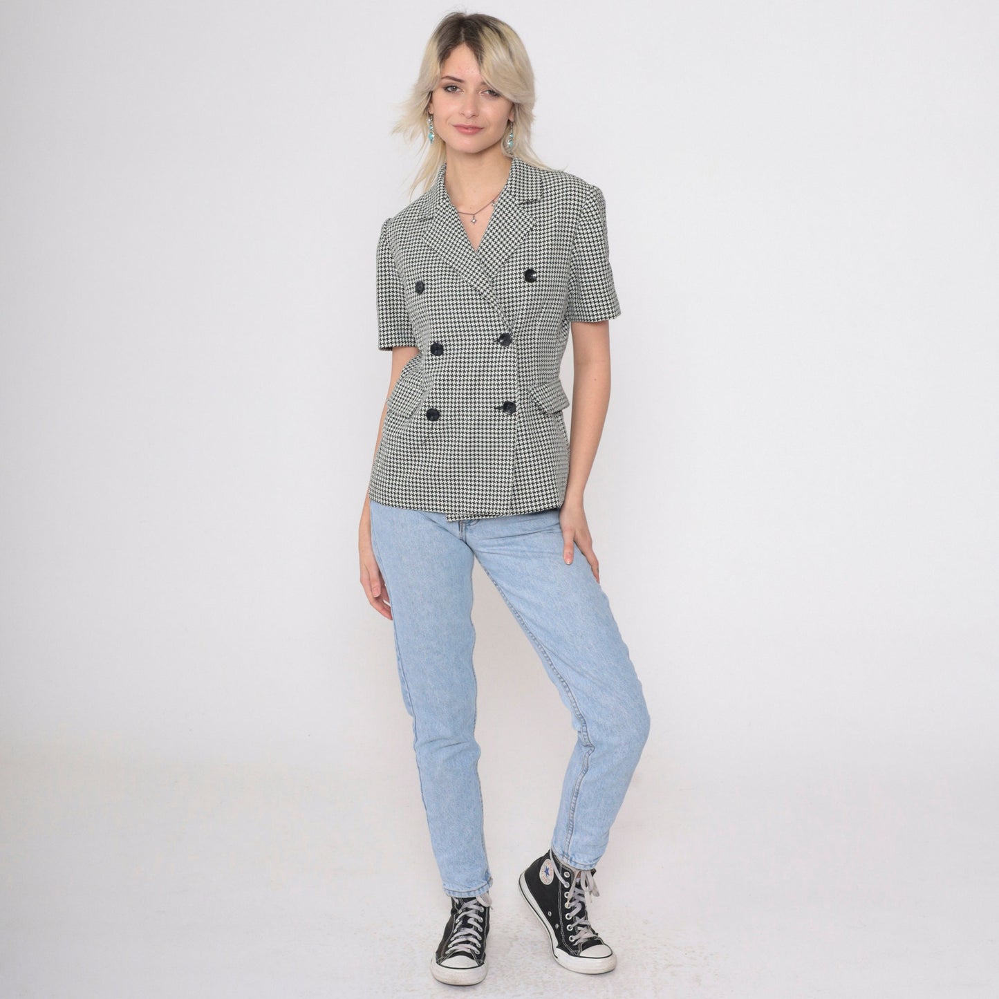 90s Houndstooth Double Breasted Blouse Black White Checkered Button Up Small