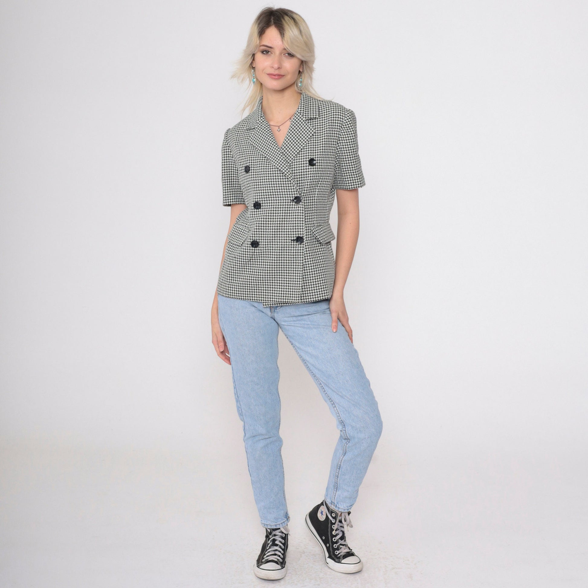 90s Houndstooth Double Breasted Blouse Black White Checkered Button Up Small
