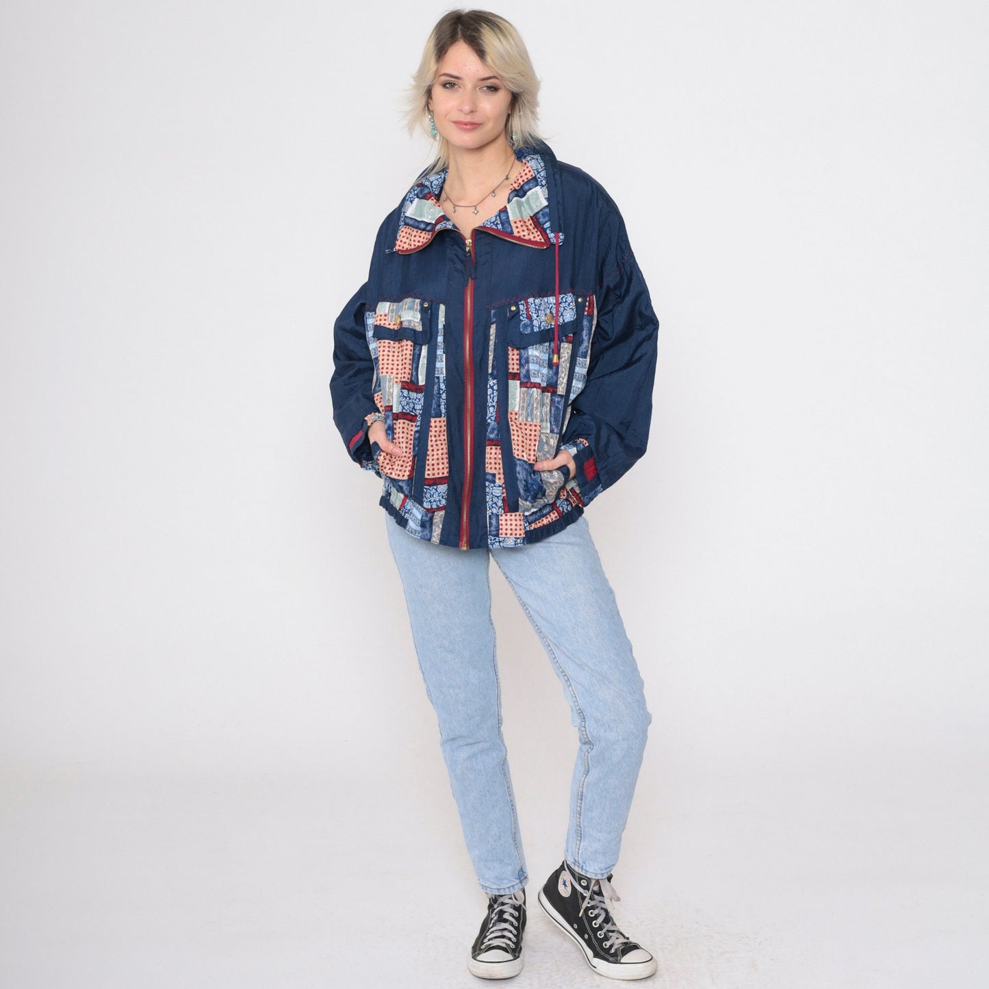 90s Patchwork Windbreaker Blue Zip Jacket Floral Geometric Polka Dot Large L