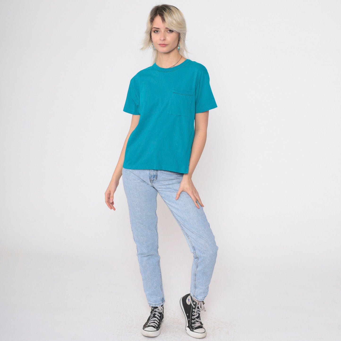 90s Liz Claiborne Turquoise T-Shirt Chest Pocket Cutout Crewneck Small