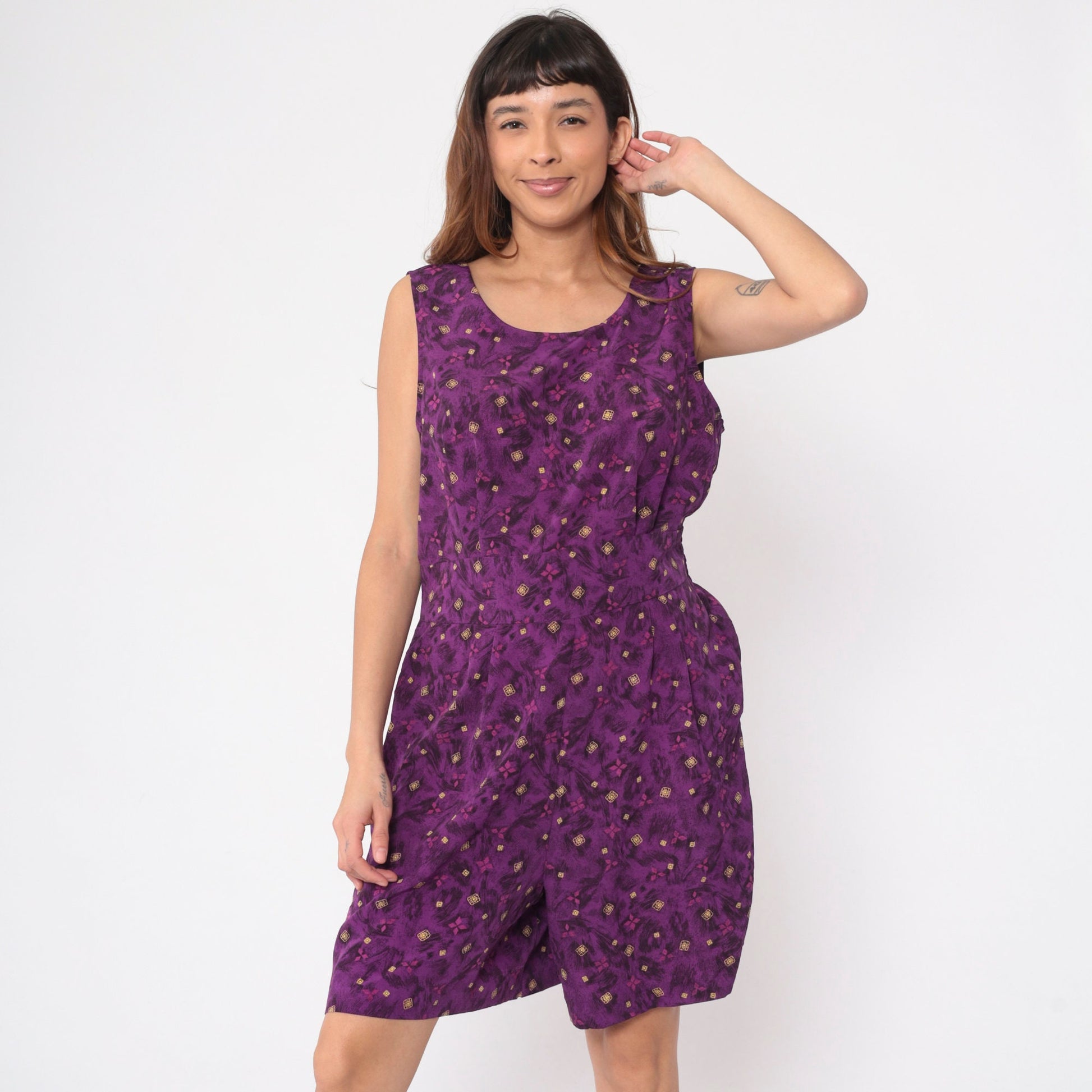 90s Kathie Lee Purple Geometric Leaf Print Romper Keyhole Back Medium Large