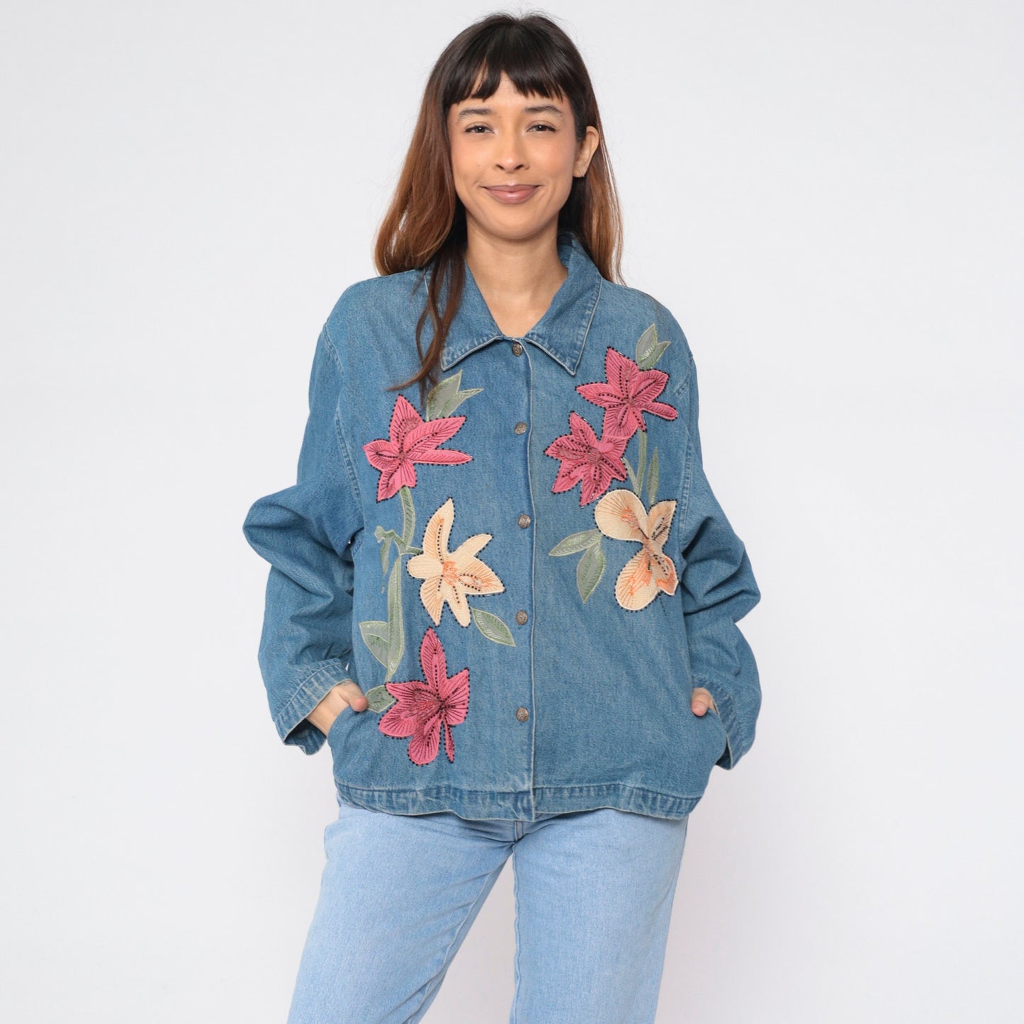 90s Tantrums Denim Jacket Floral Embroidered Beaded Blue Large