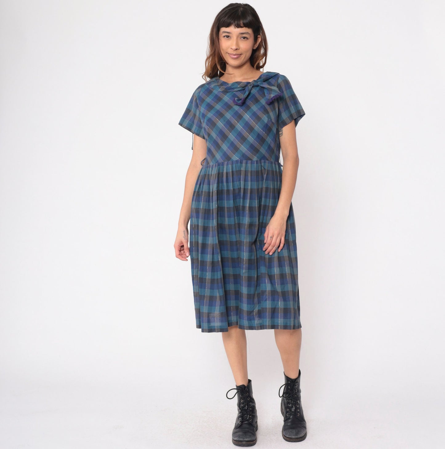 1950s Blue Checkered Metallic Bow Collar Day Dress Midi Short Sleeve Medium