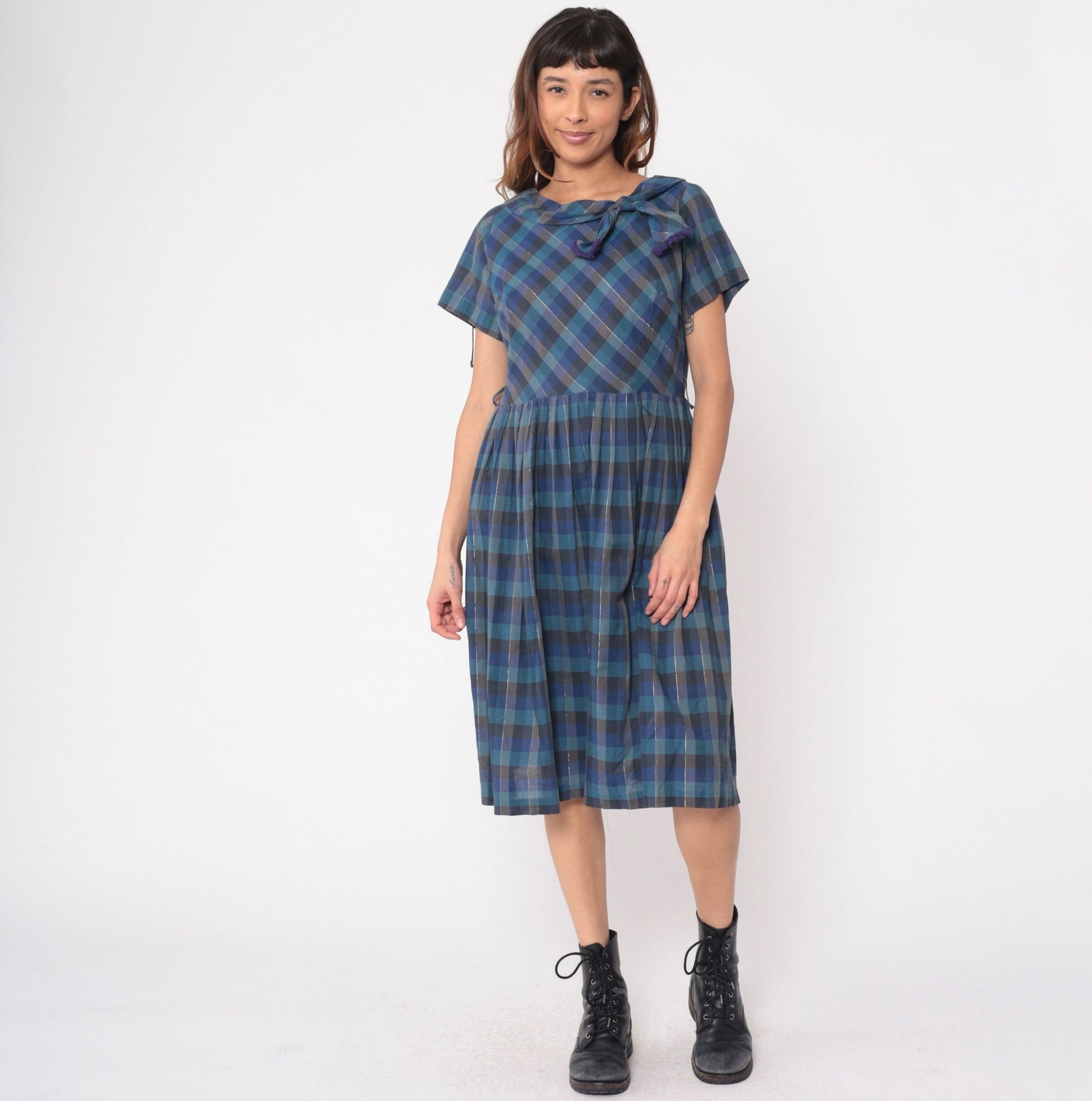 1950s Blue Checkered Metallic Bow Collar Day Dress Midi Short Sleeve Medium