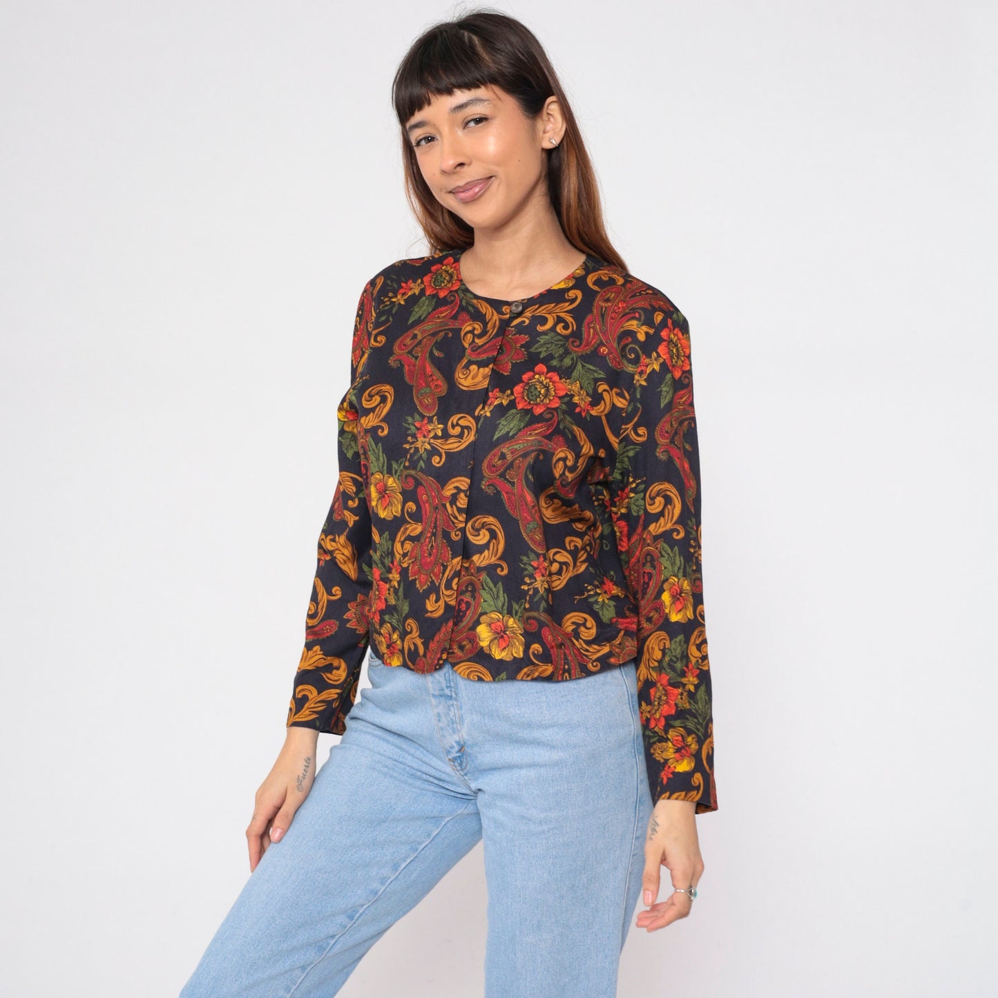 90s Norton McNaughton Paisley Floral Button-Up Blouse Black Gold Long Sleeve Medium
