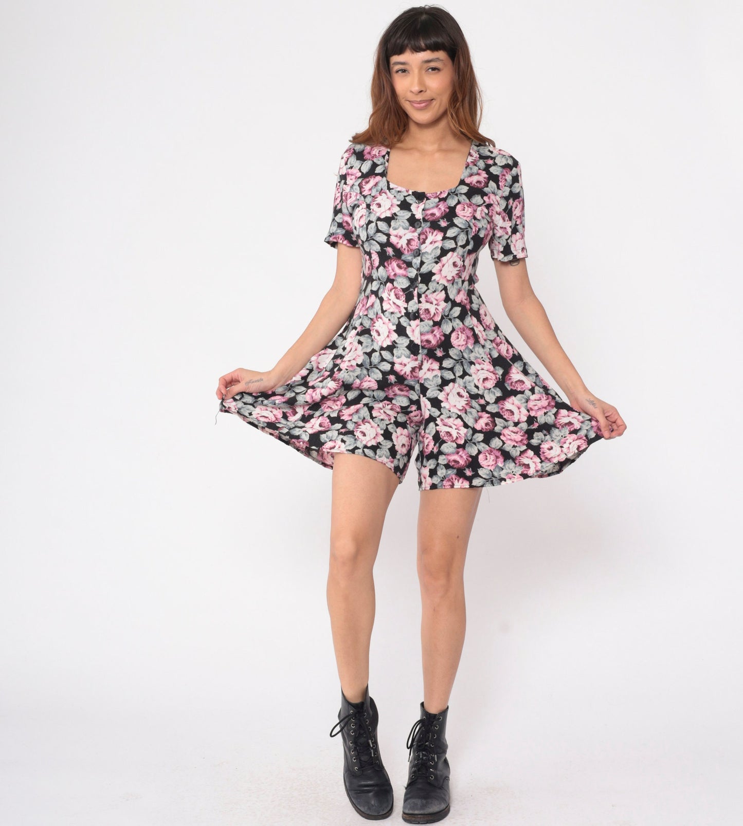 90s Rampage Floral Romper Pink Rose Print Black Button-Up Wide Leg Small S
