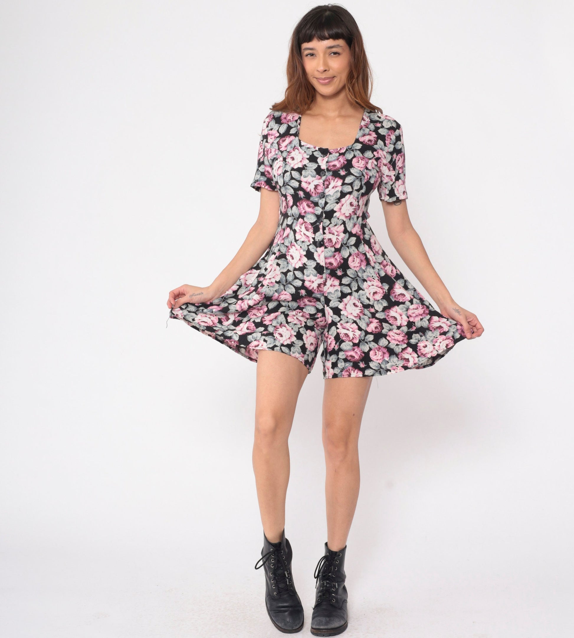 90s Rampage Floral Romper Pink Rose Print Black Button-Up Wide Leg Small S