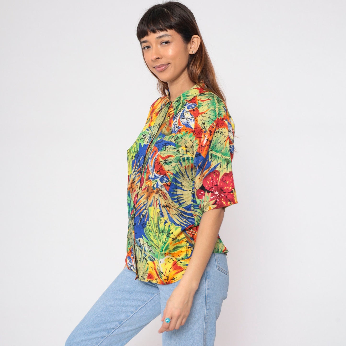 90s Tropical Floral Button-Up Blouse Red Black Marbled Print Short Sleeve Small