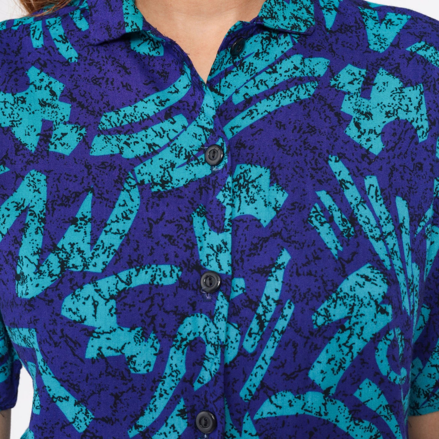 90s Abstract Marbled Button-Up Blouse Purple Blue Black Short Sleeve Medium