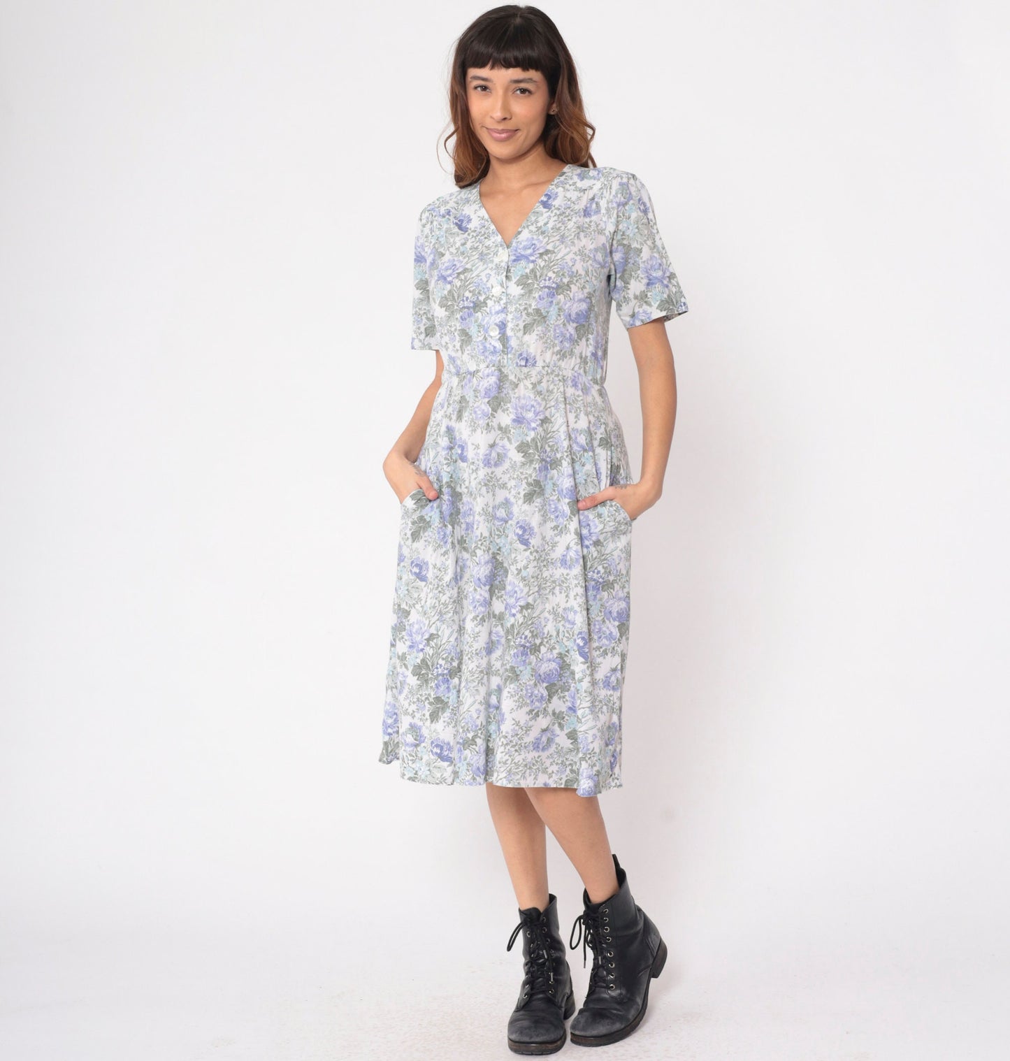 80s Stuart Alan Petites Floral Midi Dress Lavender Button-Up V-Neck Small