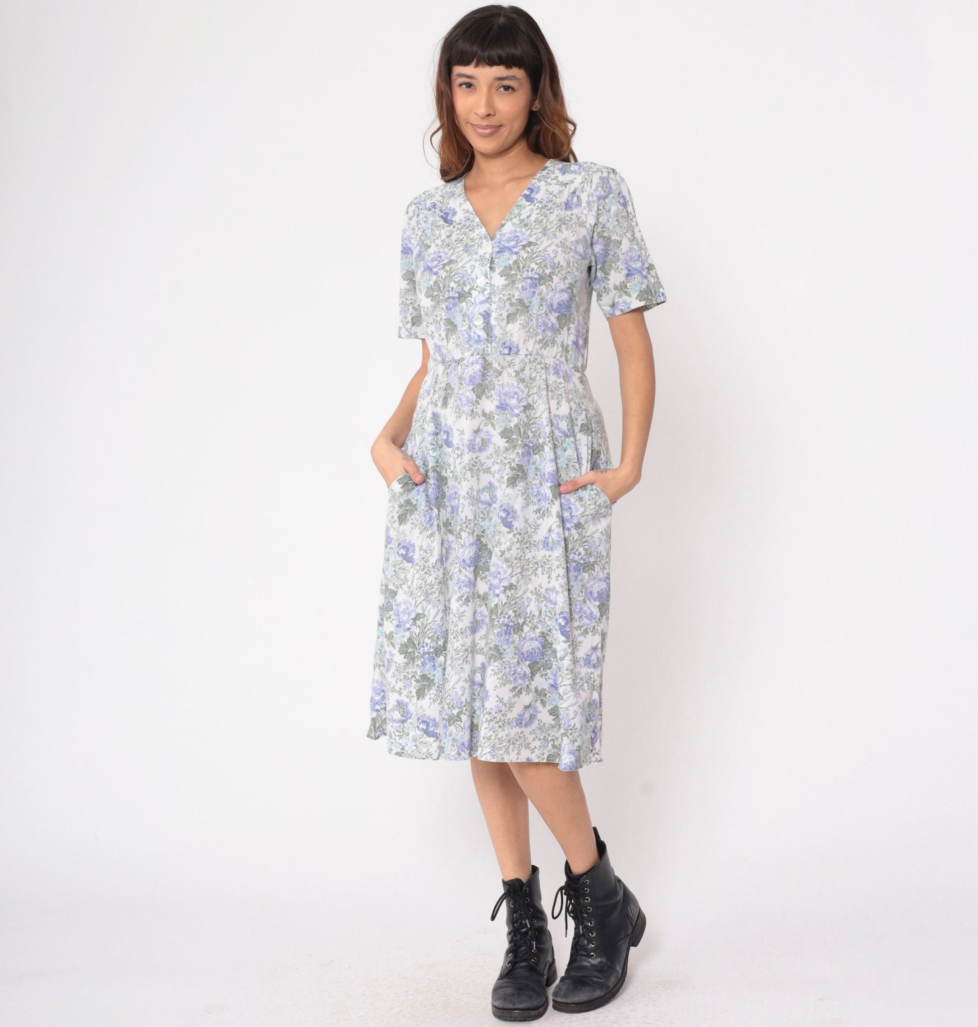 80s Stuart Alan Petites Floral Midi Dress Lavender Button-Up V-Neck Small