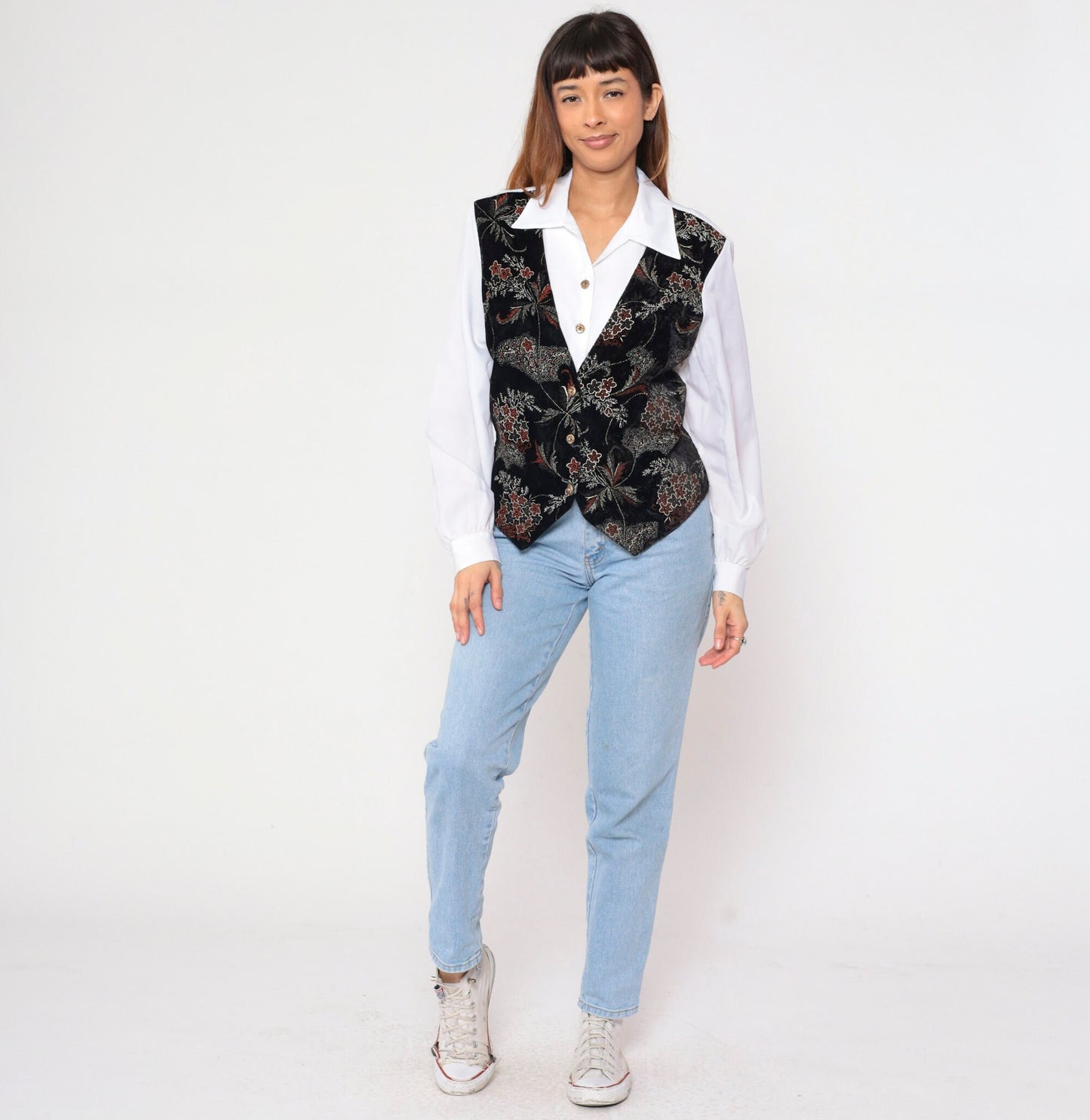 90s Joanna White Button-Up Blouse Black Floral Attached Vest Long Sleeve Large L