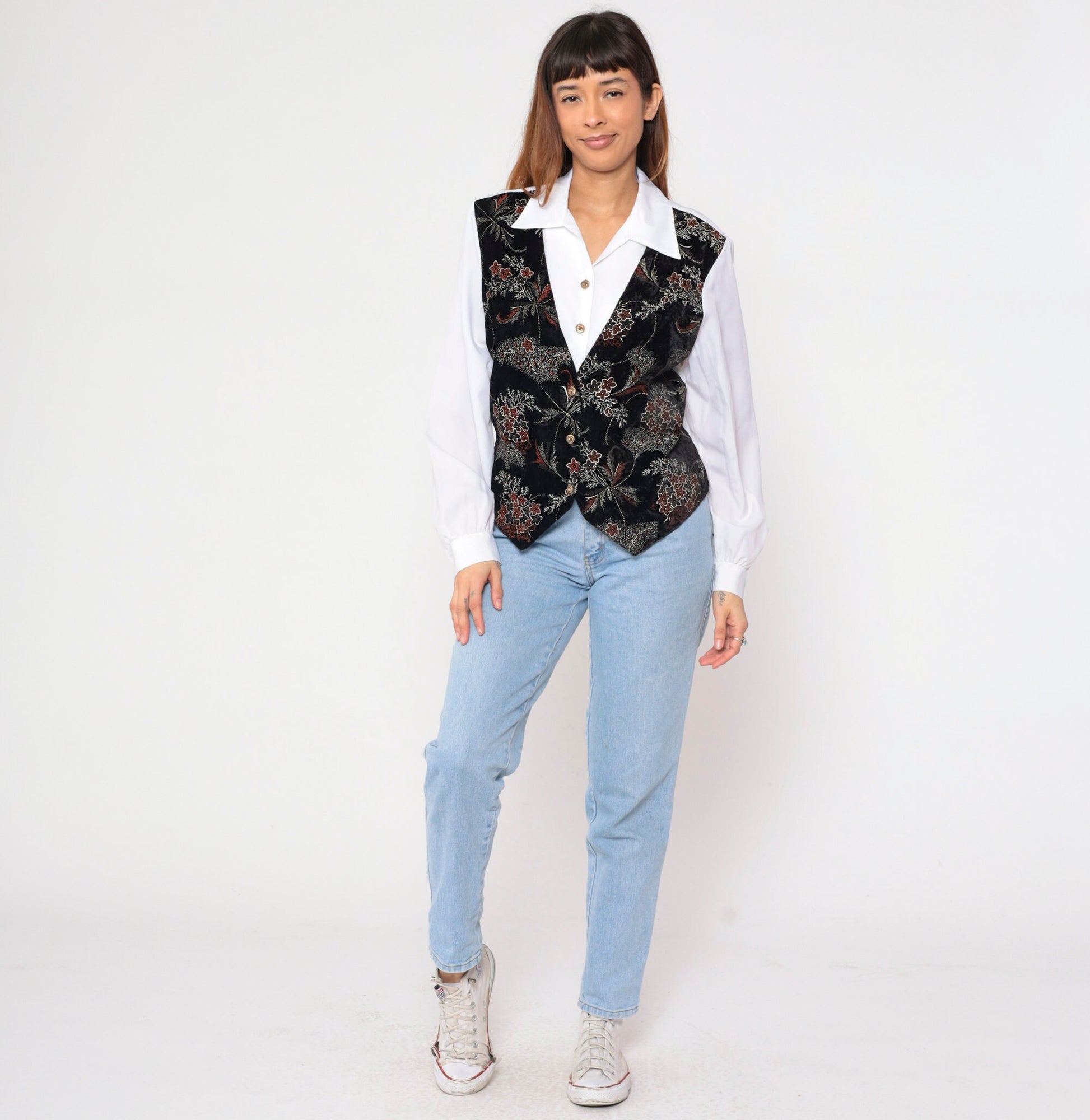 90s Joanna White Button-Up Blouse Black Floral Attached Vest Long Sleeve Large L