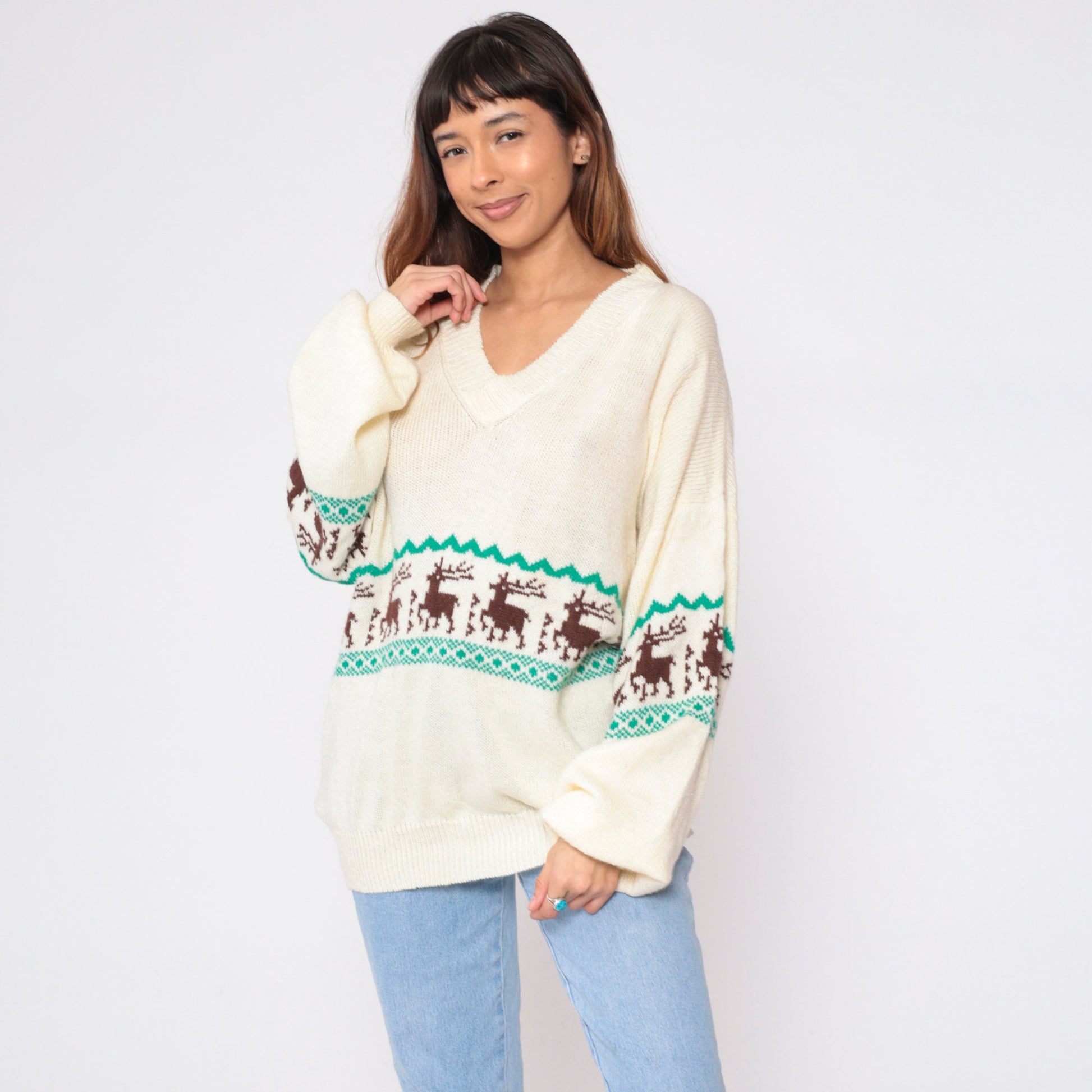 70s Elk Print Cream Knit V-Neck Sweater Striped Animal Pullover Large