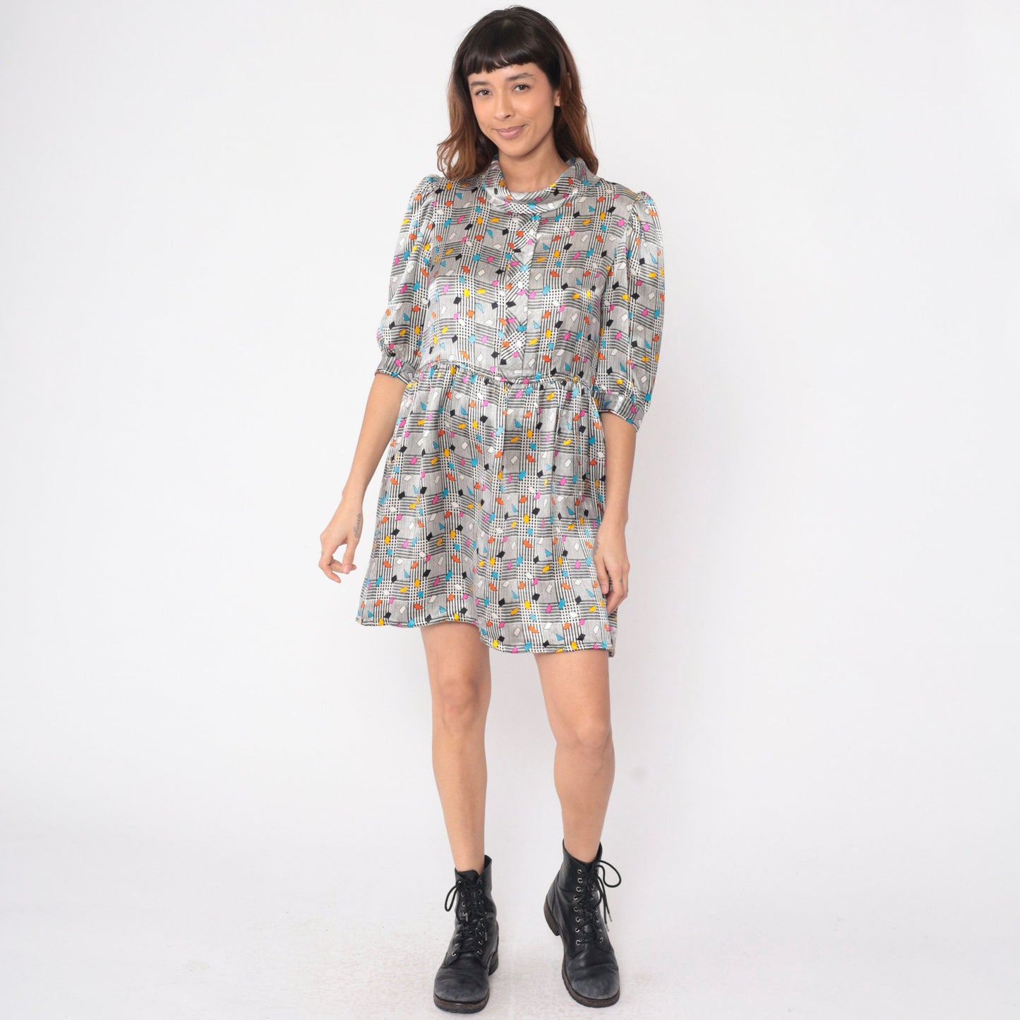 80s Charles Bianco Silk Mini Dress Black White Checkered Confetti Turtleneck Puff Sleeve Medium