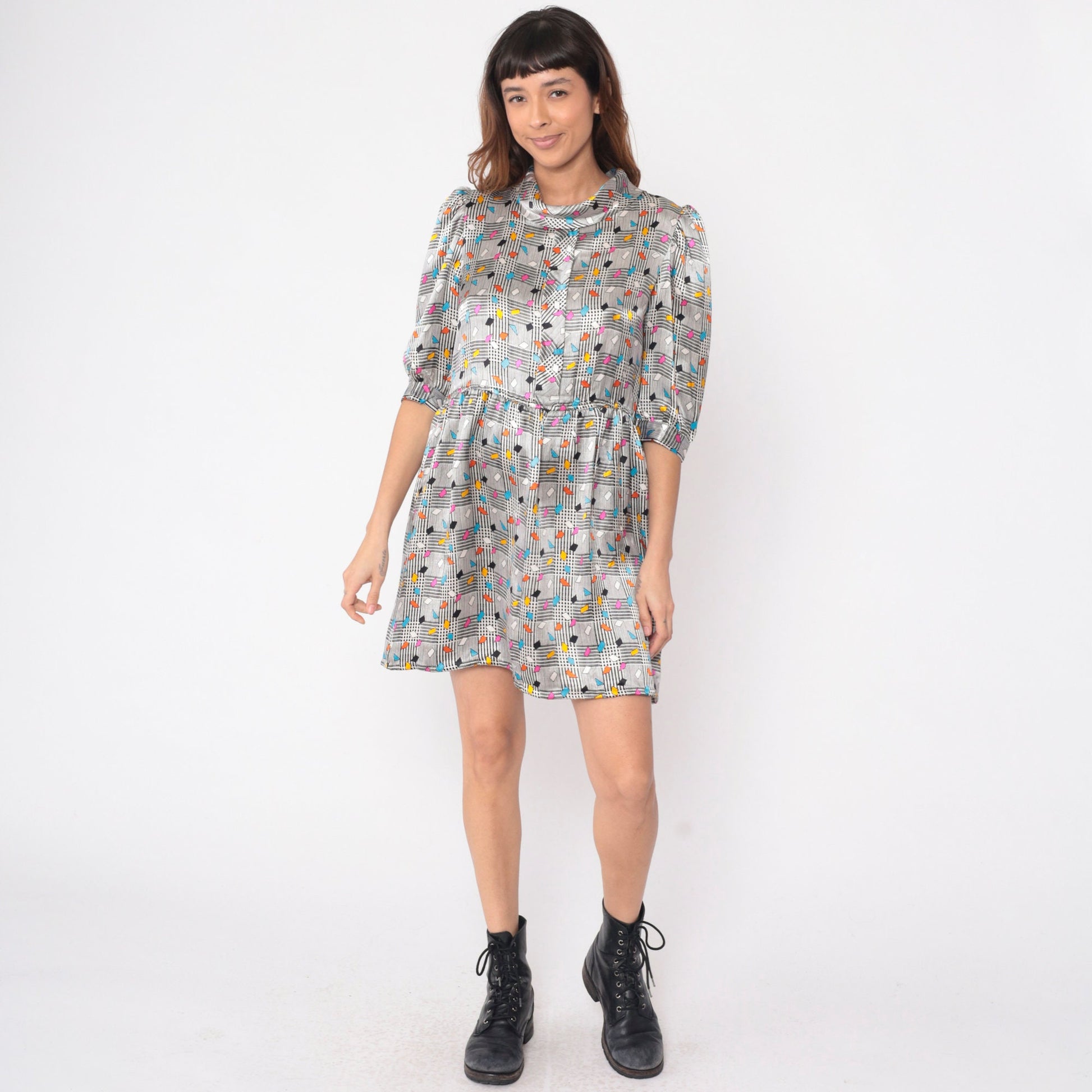 80s Charles Bianco Silk Mini Dress Black White Checkered Confetti Turtleneck Puff Sleeve Medium