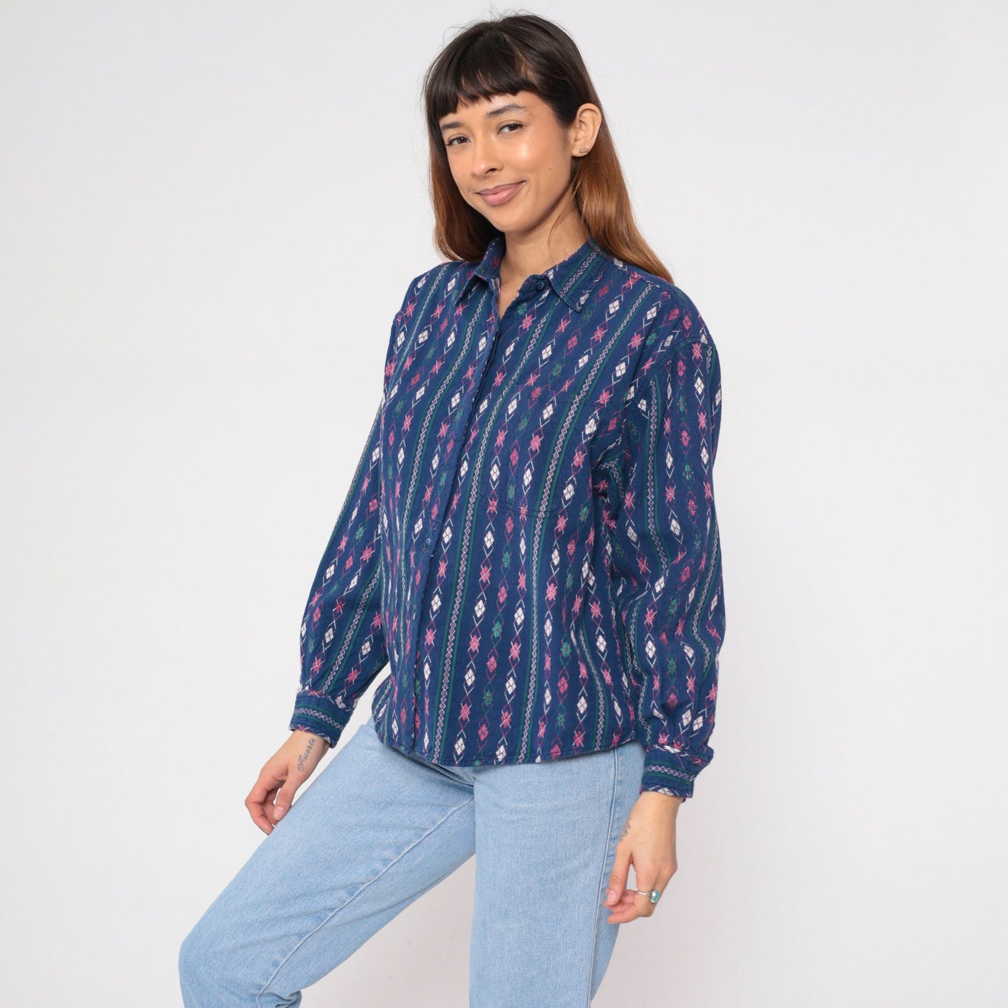 90s Krazy Kat Blue Argyle Diamond Print Button-Up Blouse Long Sleeve Large L