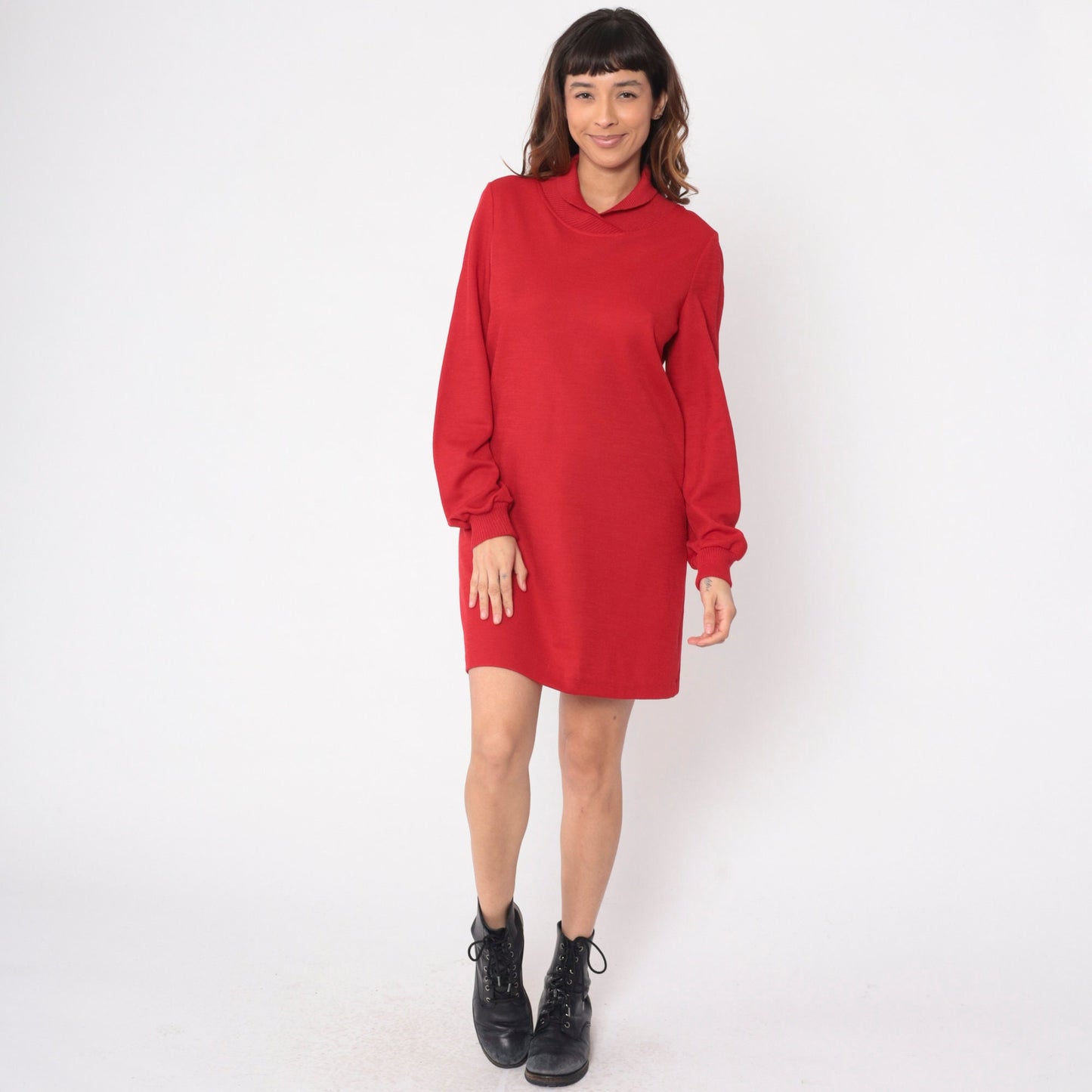 80s Red Mini Shift Dress Shawl Collar Ribbed Knit Small