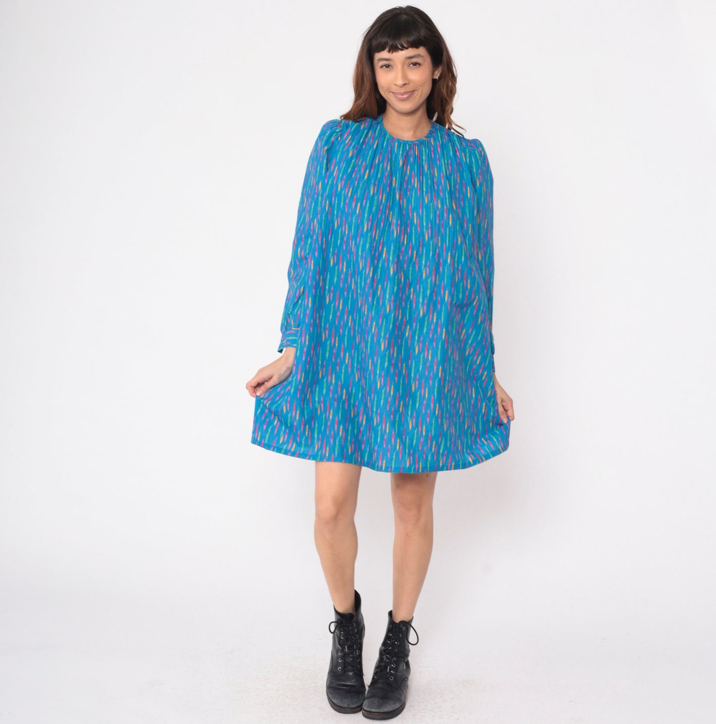 80s Mary Jane Corey California Striped Mini Dress Blue Puff Sleeve Shift Small