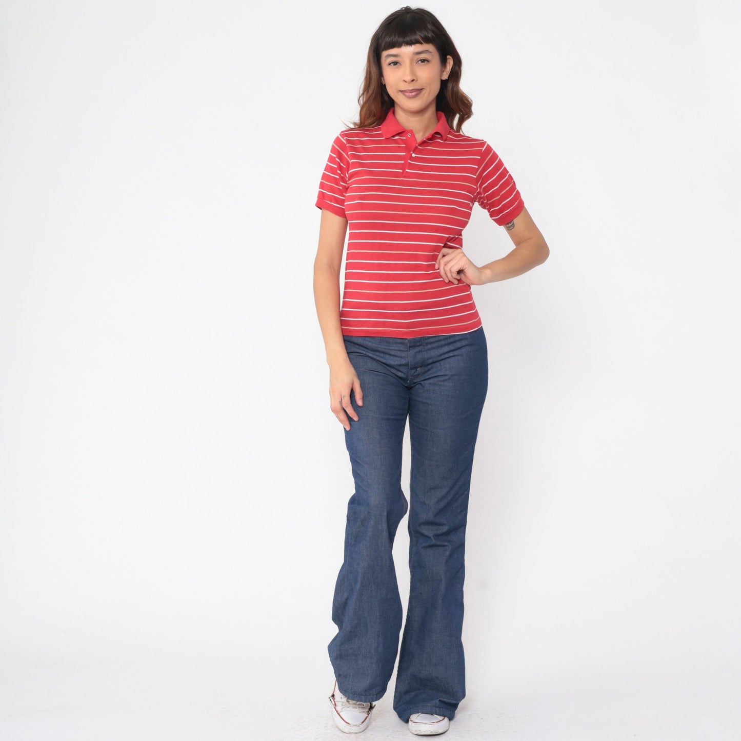 80s Red Striped Polo Shirt Snap Button Collared Top Extra Small