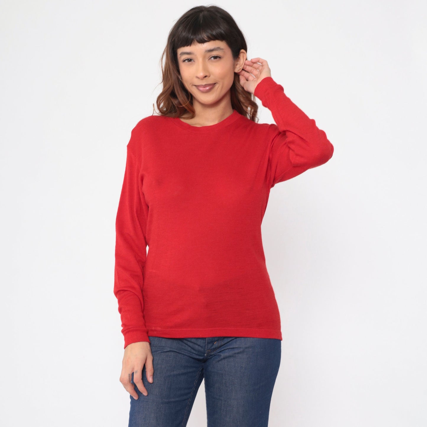 80s Stil Stoknes Thermal Undershirt Red Wool Nylon Long Sleeve Medium