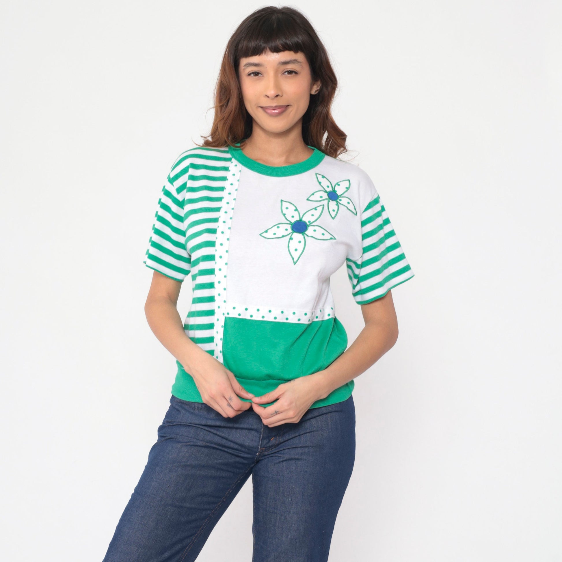 90s Floral Striped Polka Dot Blouse Green White Colour Block Small