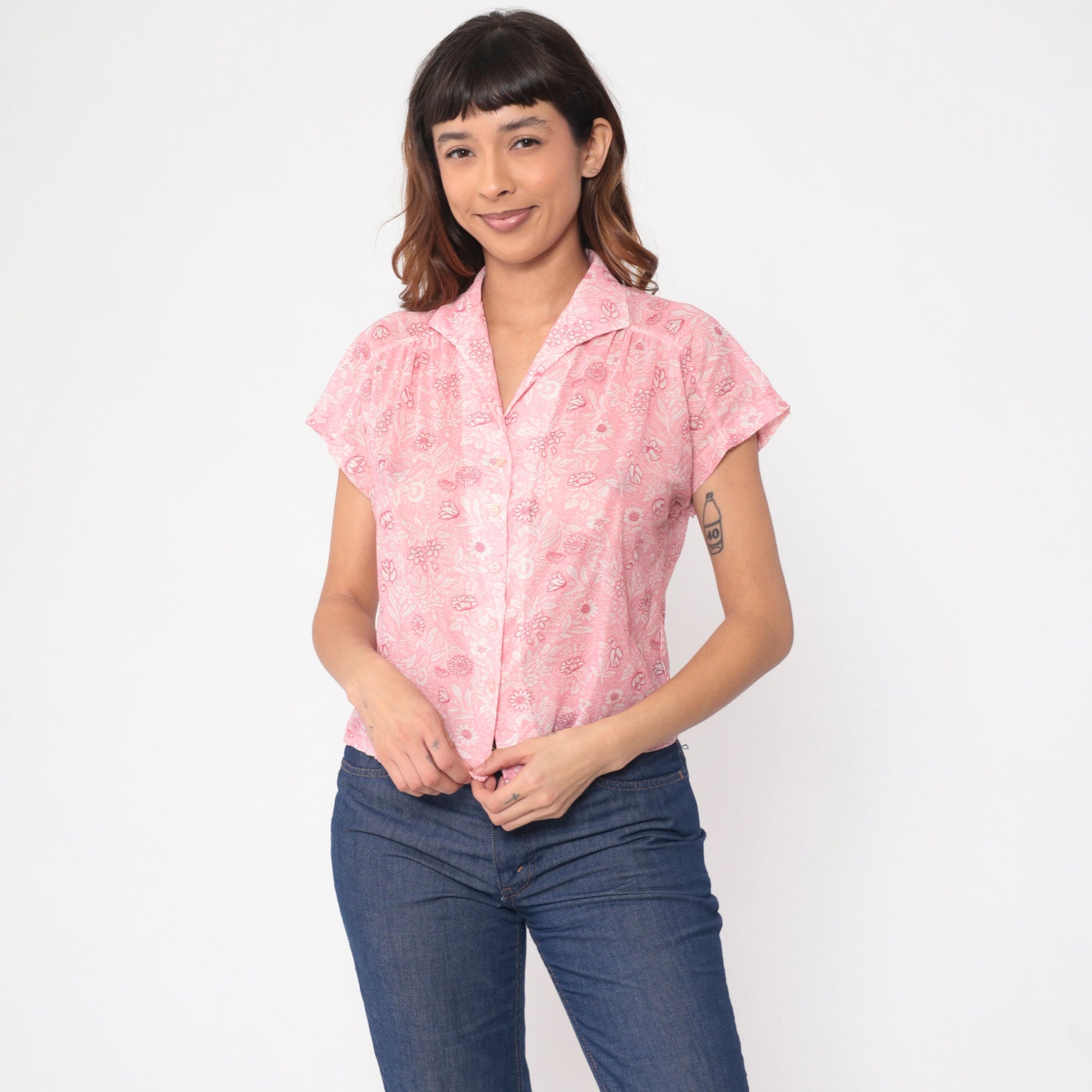 70s Pink Floral Button-Up Blouse Cap Sleeve Semi-Sheer Medium