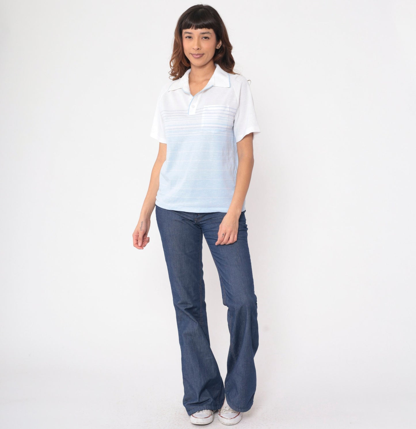 80s Status Club White Baby Blue Striped Polo Raglan Shirt Small