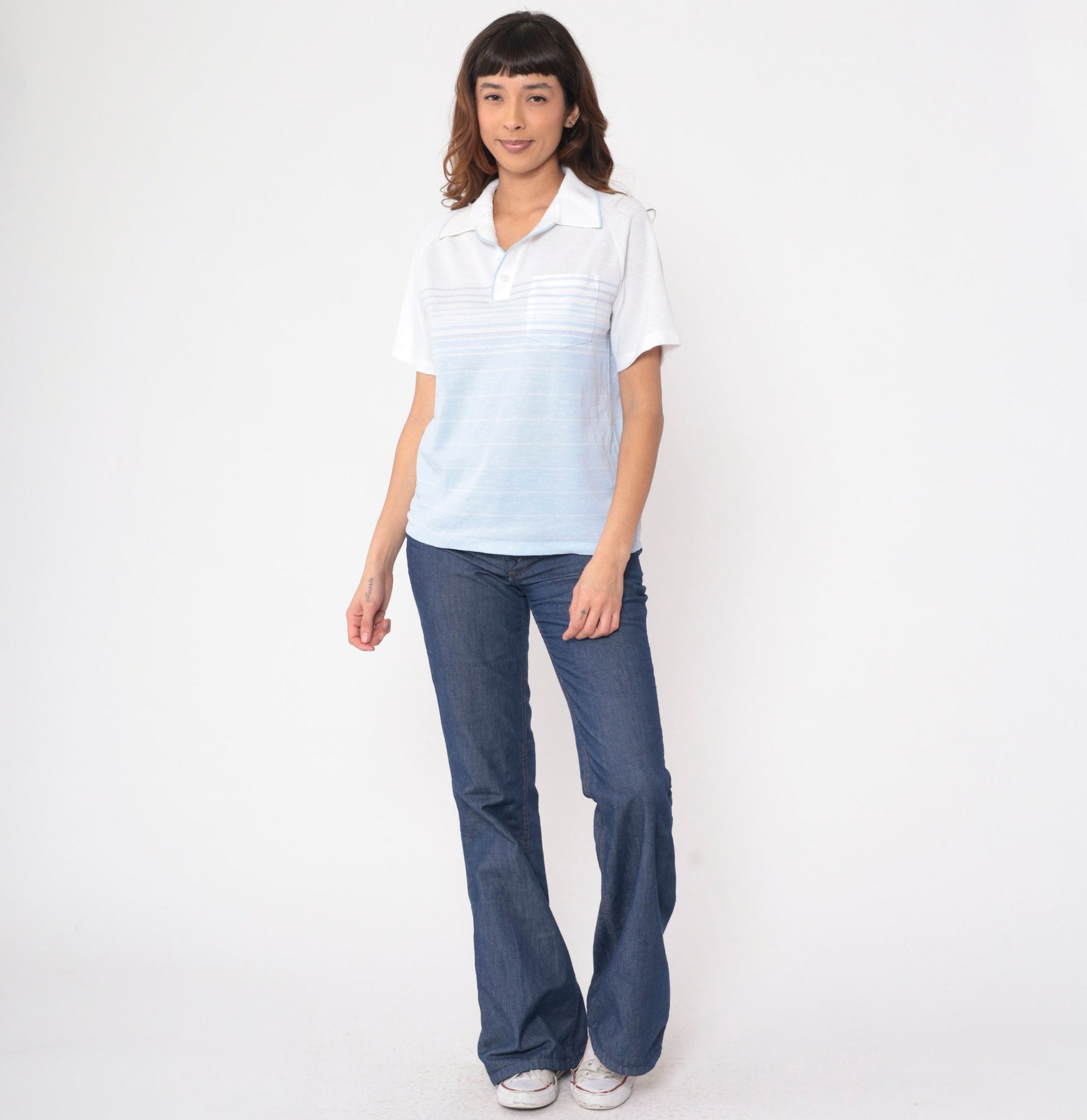 80s Status Club White Baby Blue Striped Polo Raglan Shirt Small