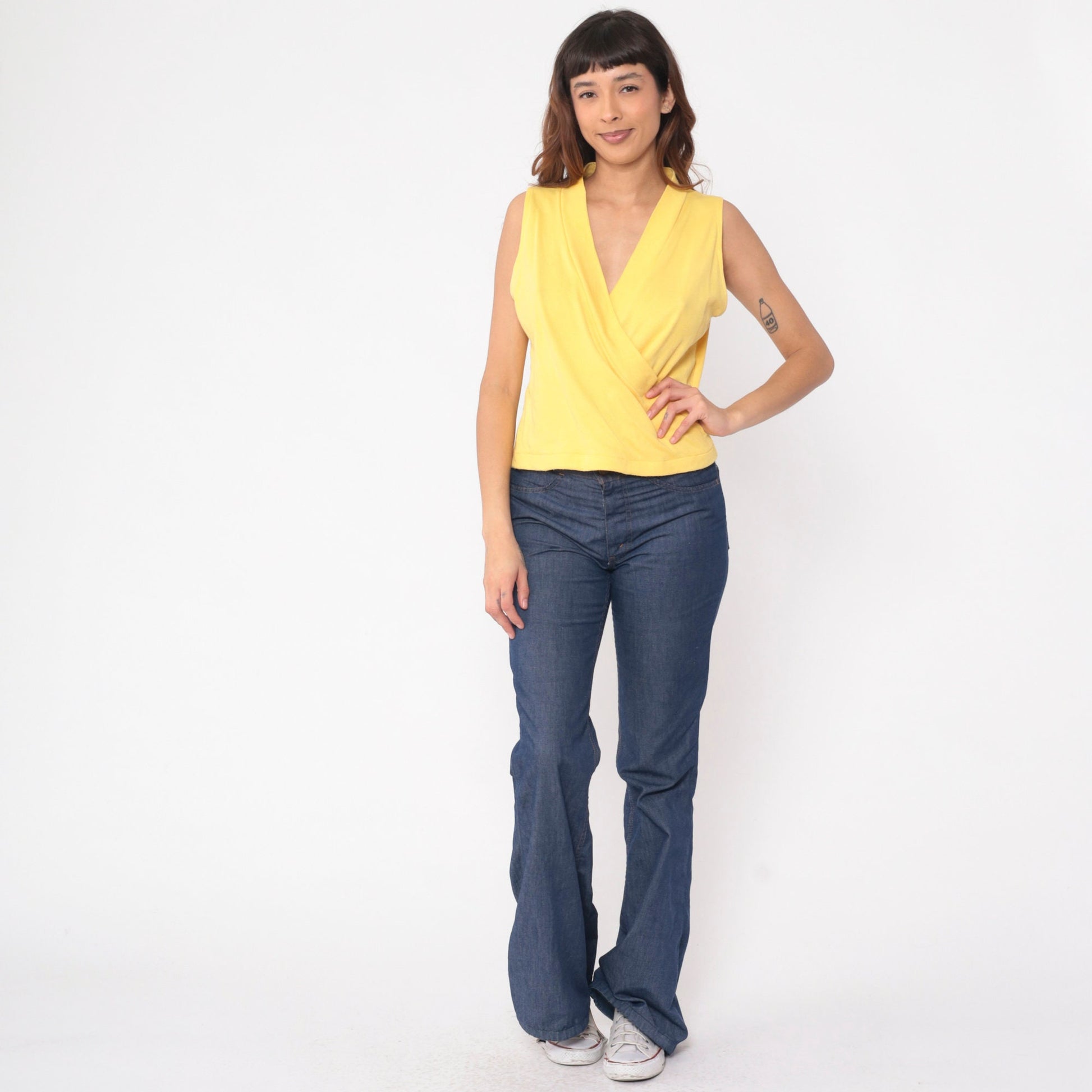 80s Yellow Surplice Tank Top Sleeveless Wrap Neckline Medium