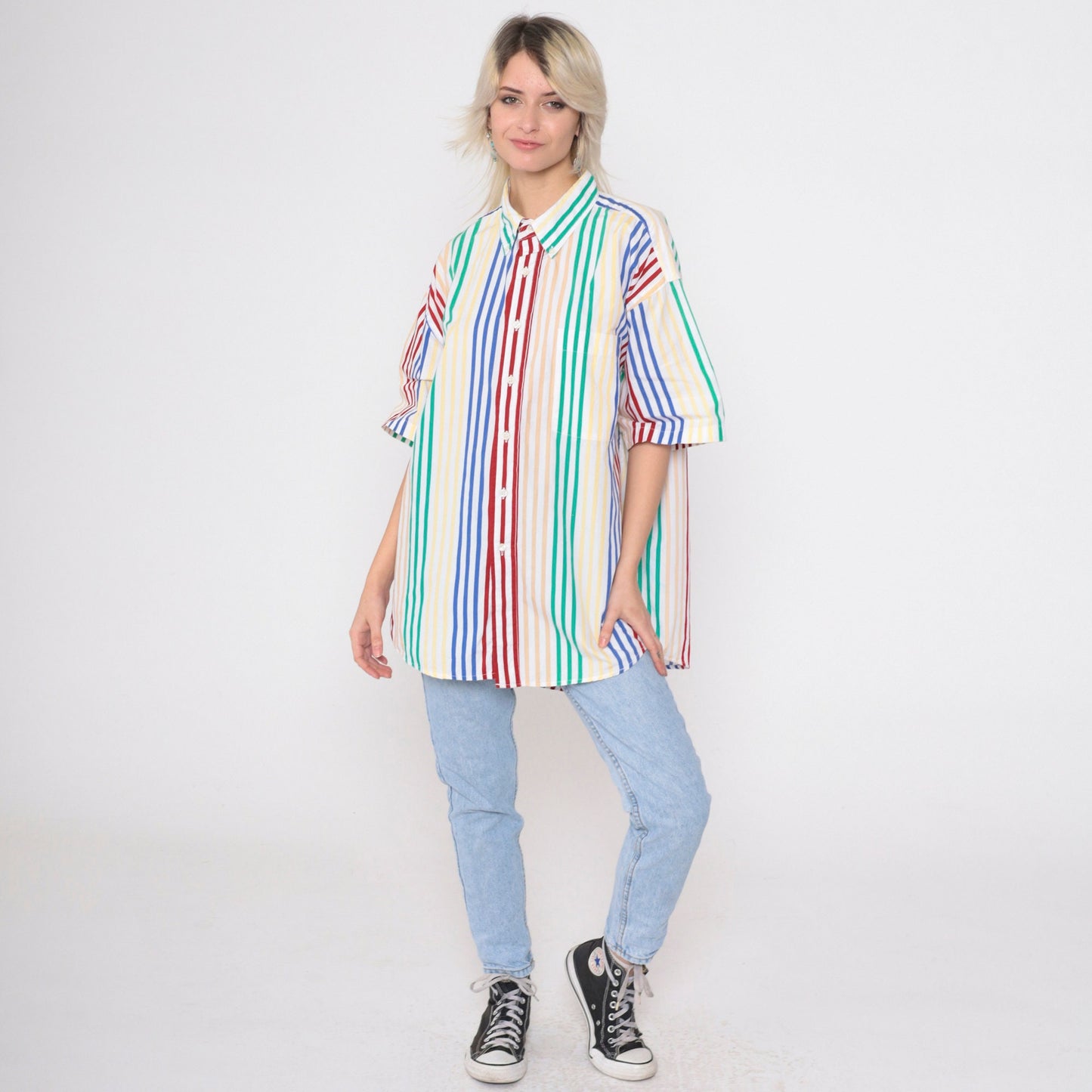 90s Van Heusen Striped Button-Up Shirt Multicolour Short Sleeve Men's Large