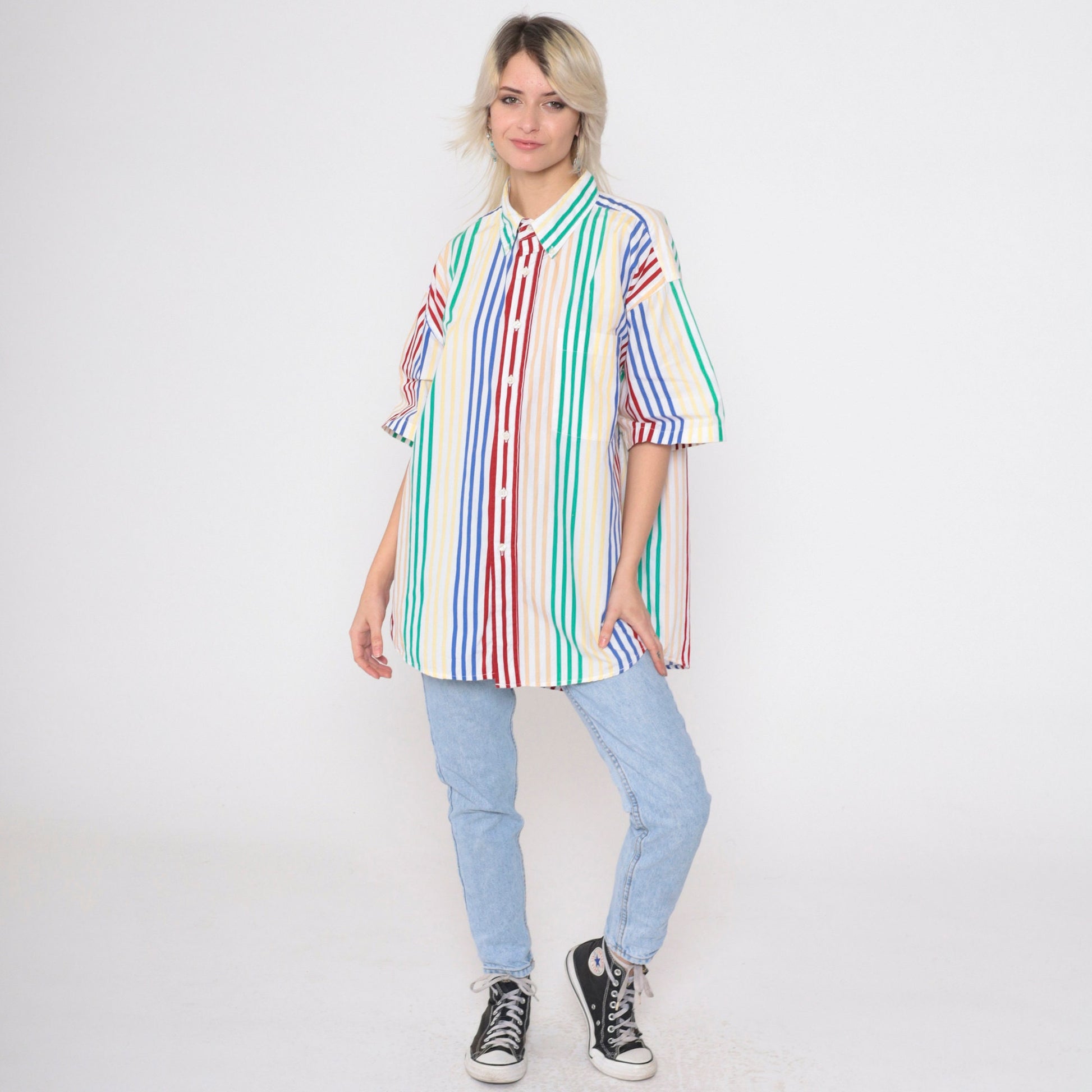 90s Van Heusen Striped Button-Up Shirt Multicolour Short Sleeve Men's Large