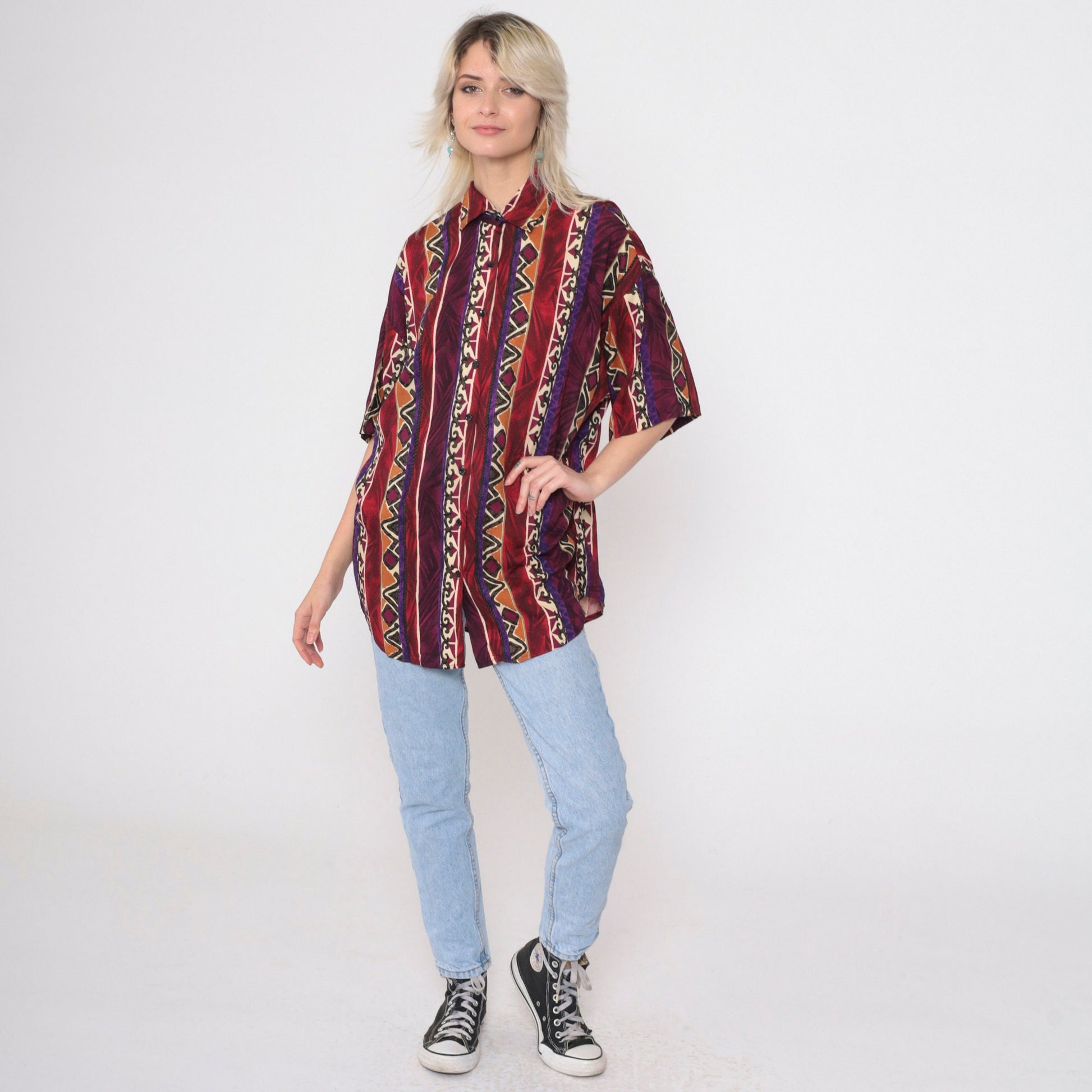 90s Geometric Zig Zag Button Up Shirt Rayon Red Purple Diamond Large L