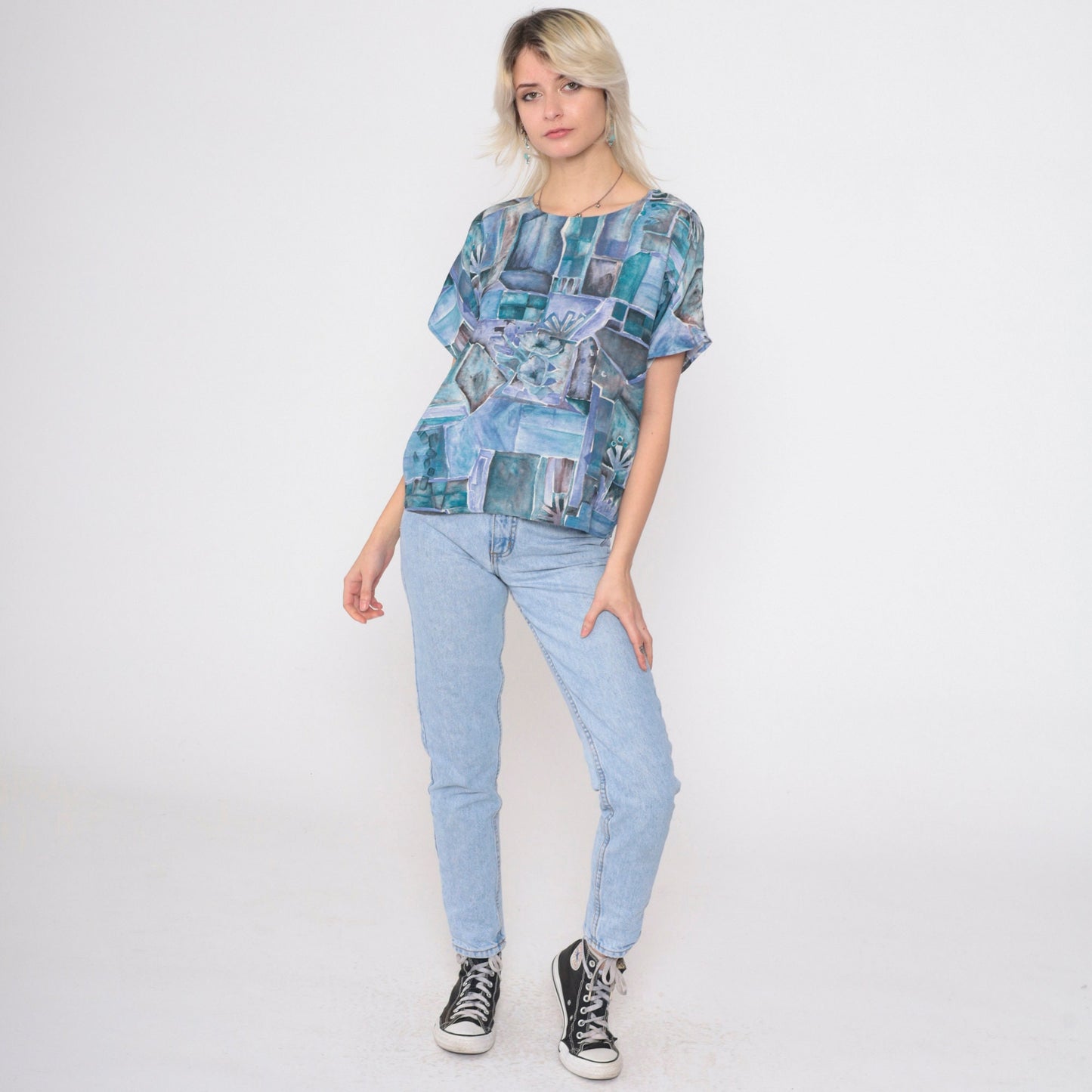90s Susan Burrowes Watercolor Geometric Blouse Blue Short Sleeve Petite 6