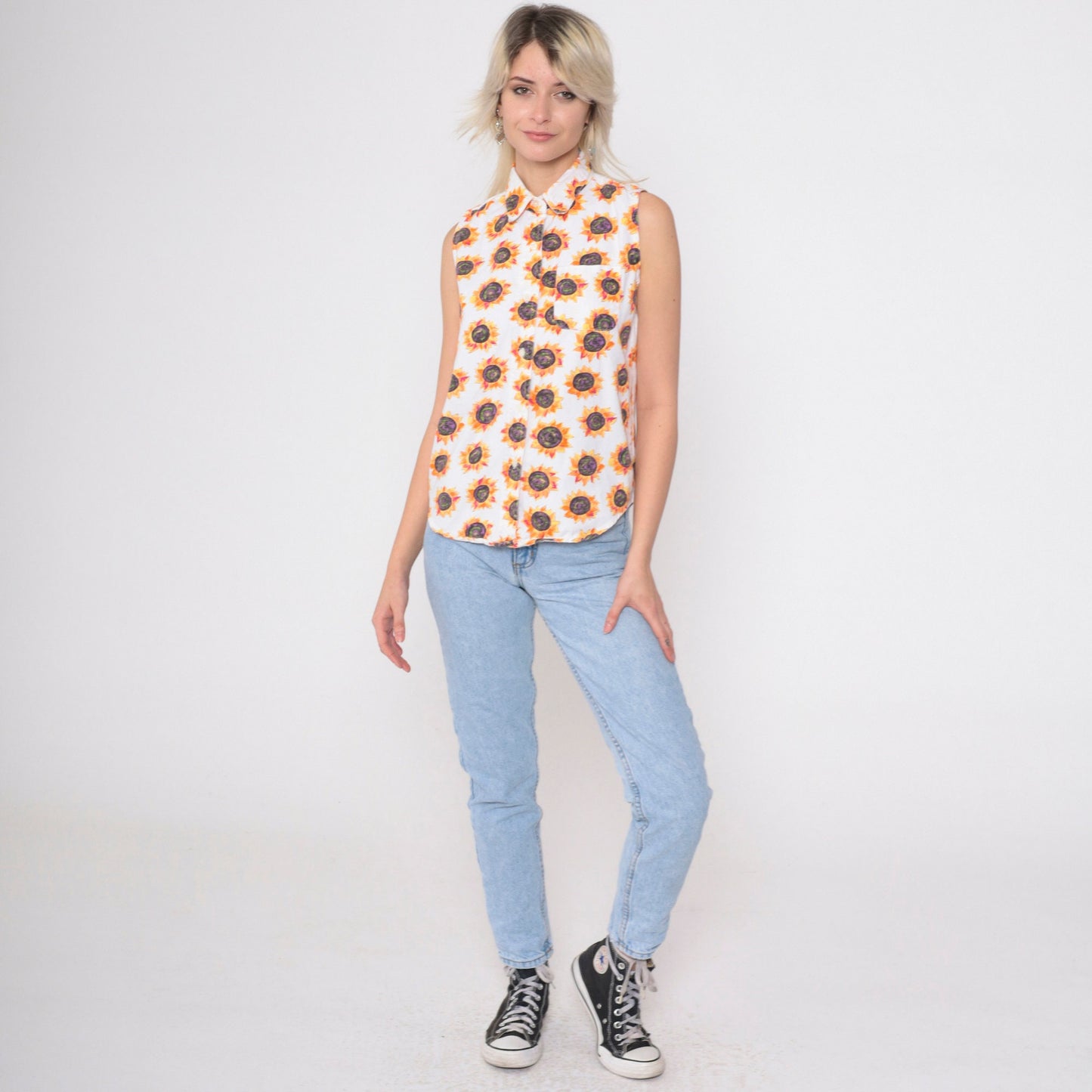 90s Sunflower Tank Top White Cotton Button-Up Sleeveless Blouse Small
