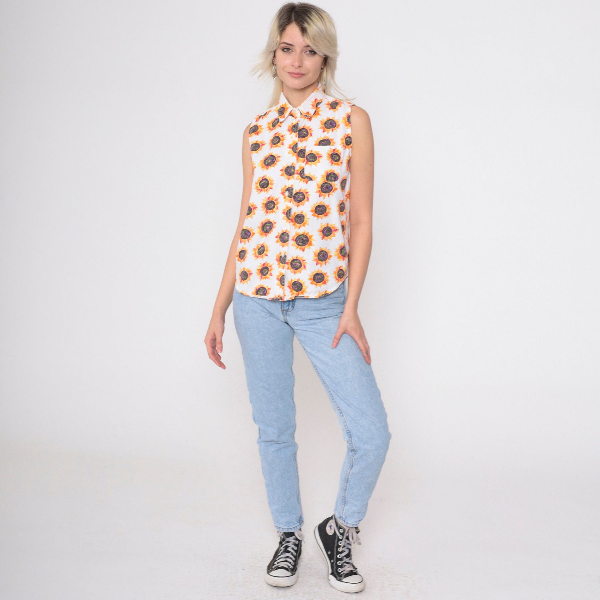 90s Sunflower Tank Top White Cotton Button-Up Sleeveless Blouse Small