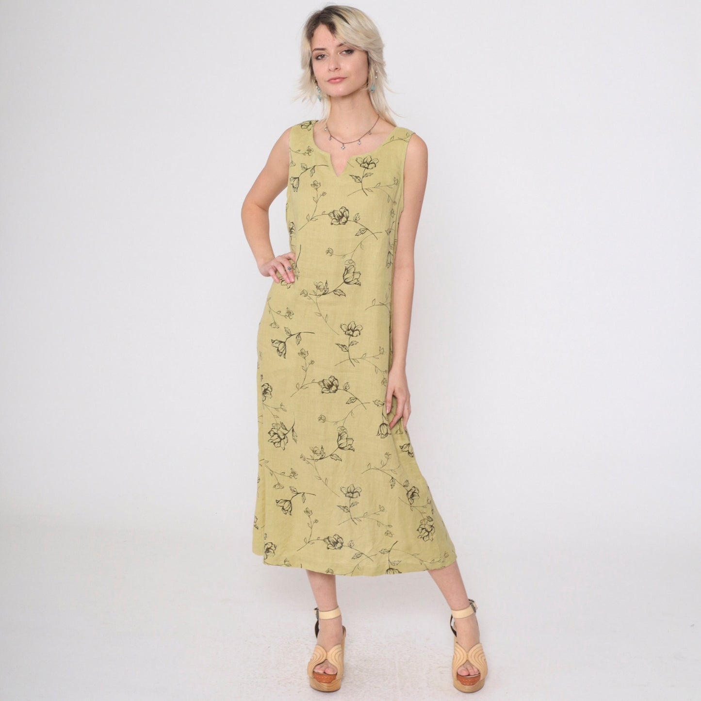 90s Style & Co. Floral Linen Midi Dress Chartreuse Sleeveless Slit Neckline Medium 10