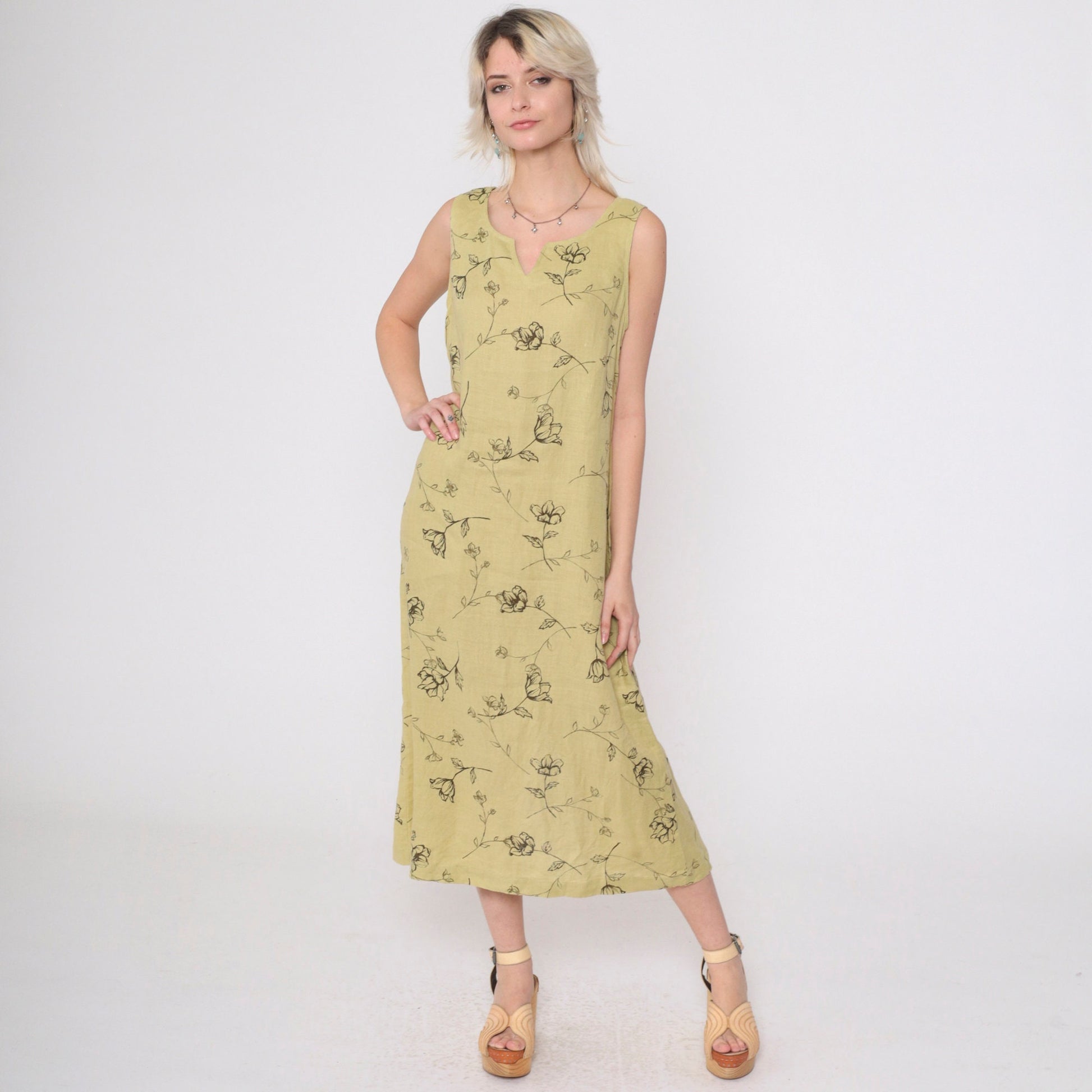 90s Style & Co. Floral Linen Midi Dress Chartreuse Sleeveless Slit Neckline Medium 10