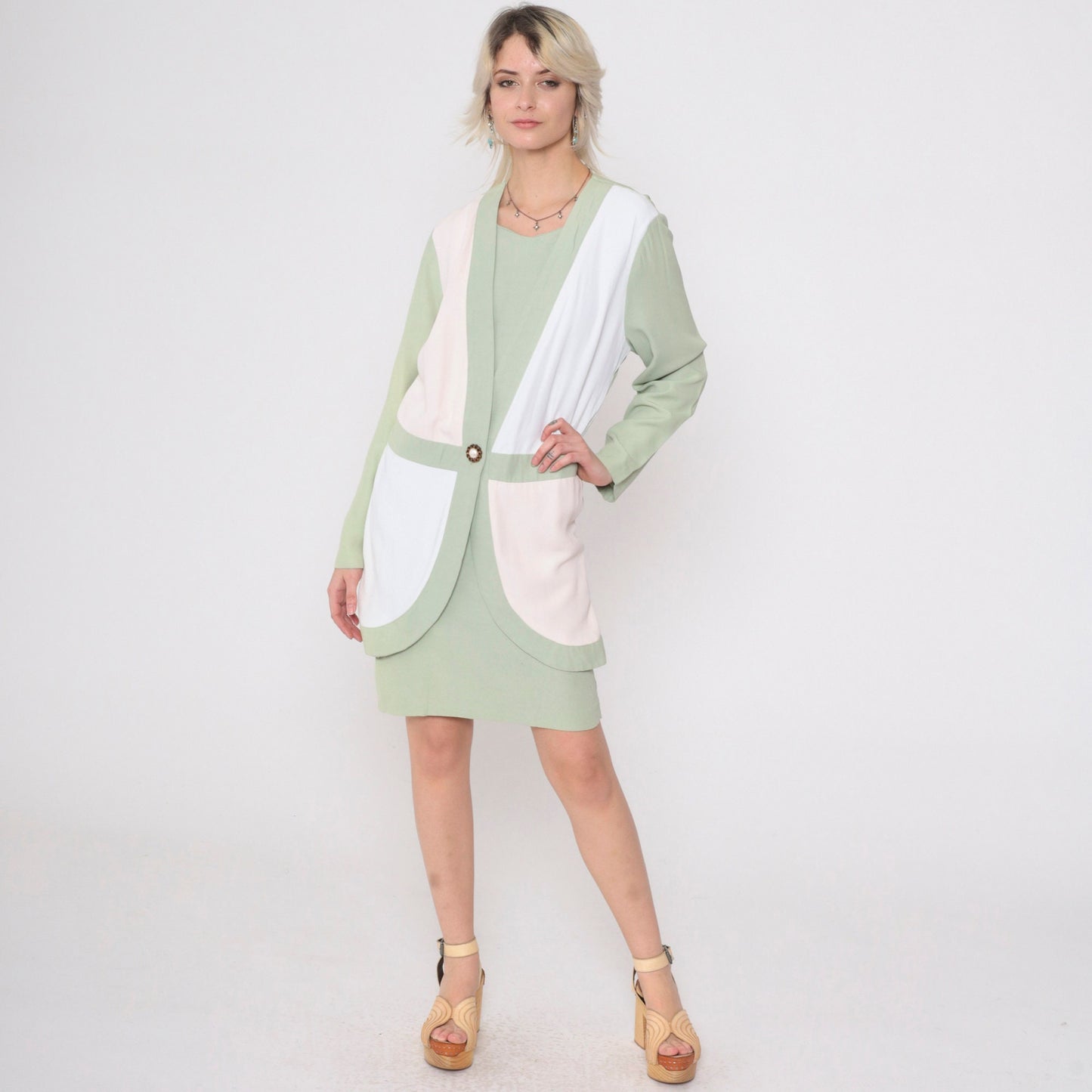90s Sage Green Cream Colorblock Shift Dress Long Sleeve Midi Small 6