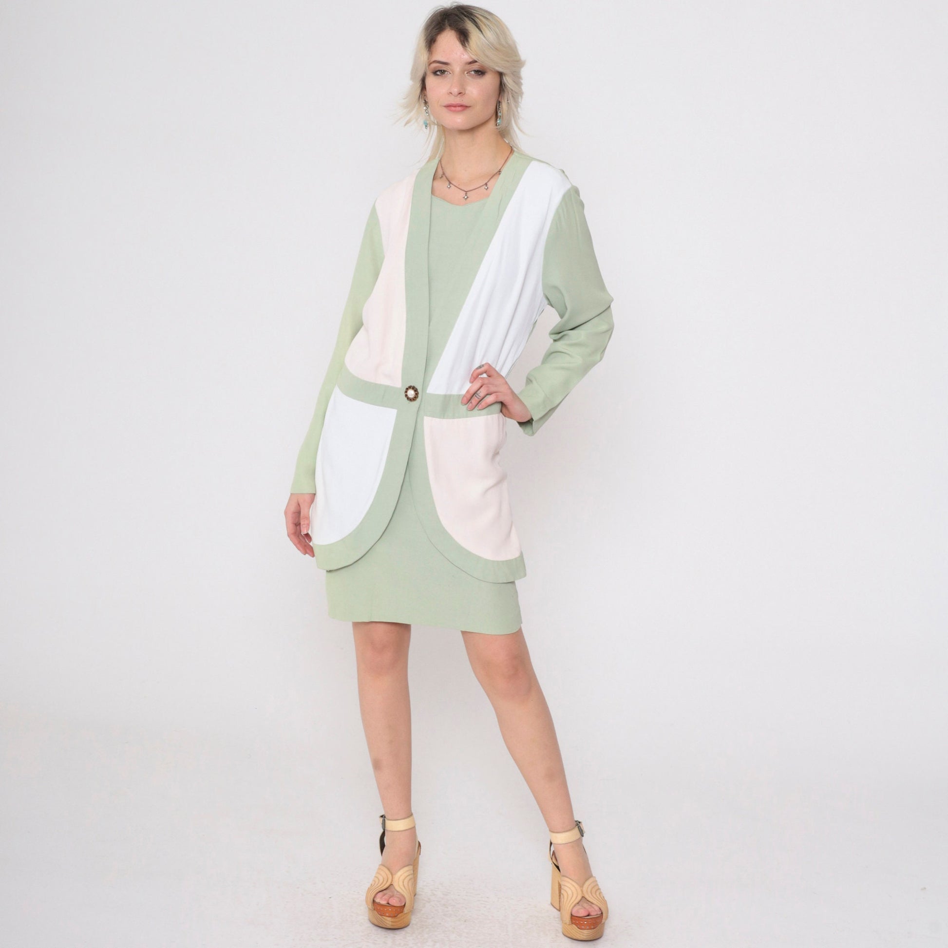 90s Sage Green Cream Colorblock Shift Dress Long Sleeve Midi Small 6