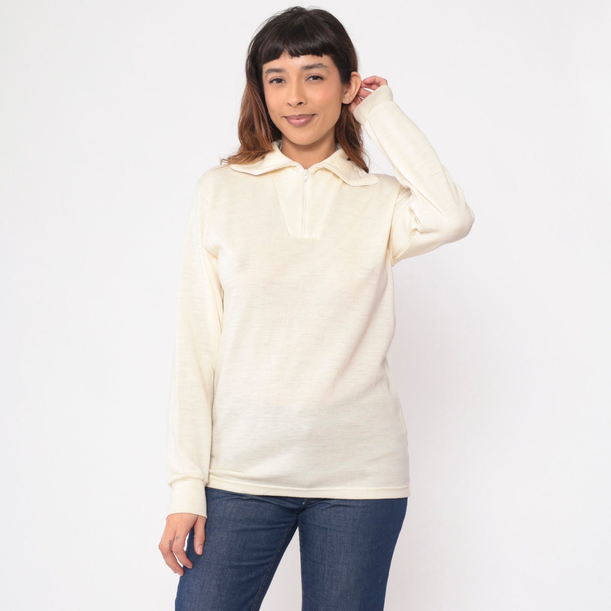 80s Devold Cream Wool Quarter Zip Pullover Long Sleeve Small